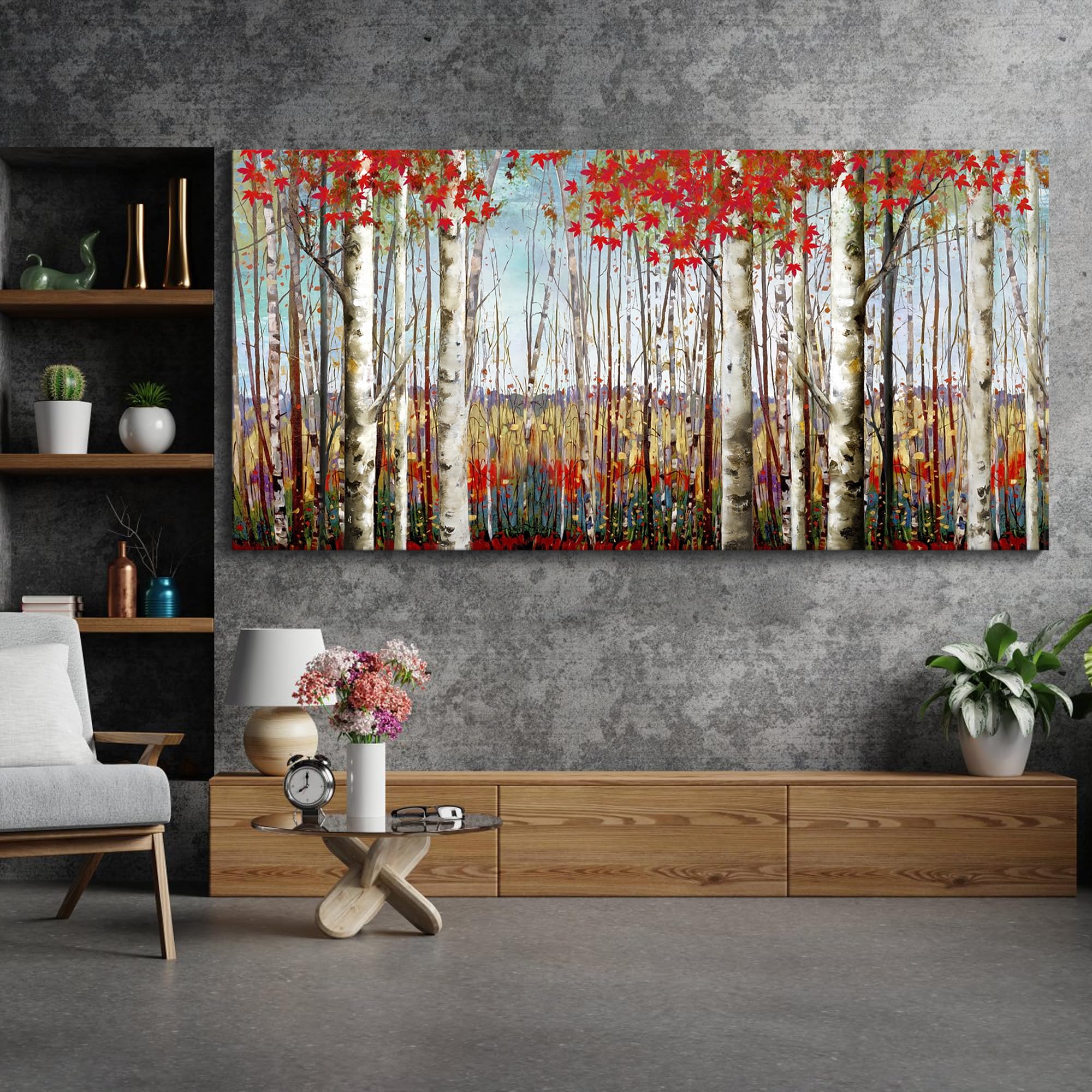 Canvas Wall Art For Living Room Bedroom Modern Wall Decor Of Red Leaves White Birch Tree Forest Giclee Print Painting Artwork Wa