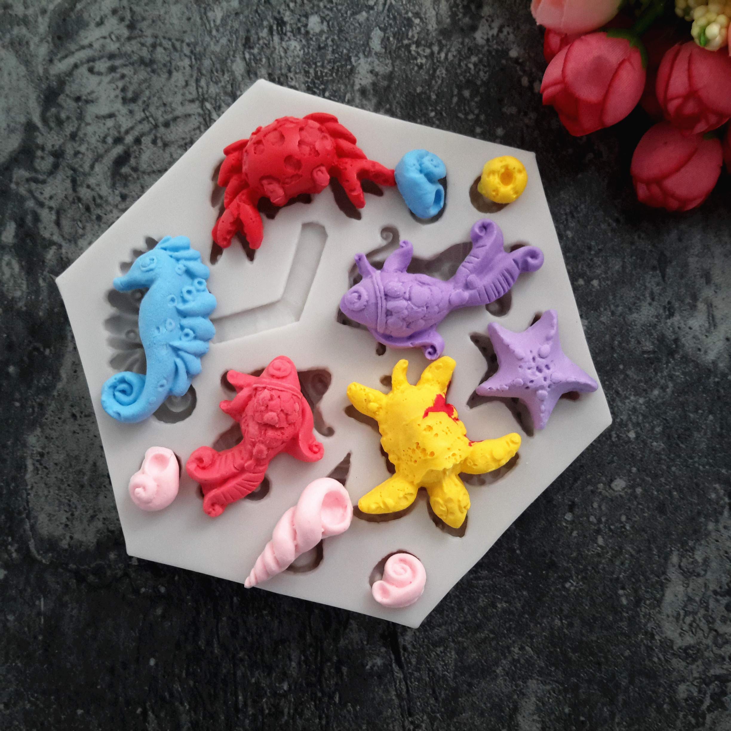Moldfun Sea Series Seahorse Turtle Starfish Crab Conch Silicone Mold For Fondant Chocolate Candy Gum Paste Polymer Clay Resin Ki