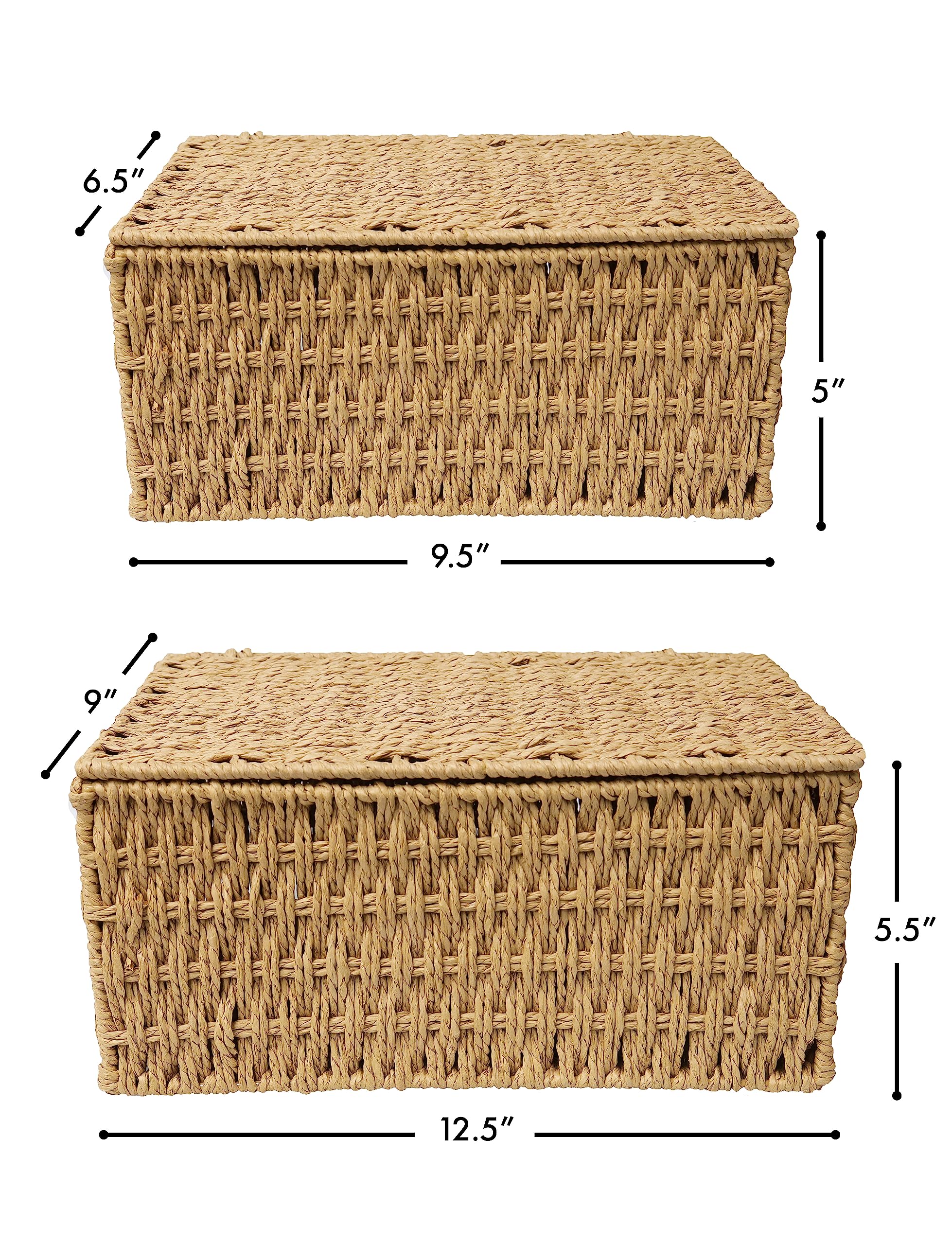 Royalhouse Woven Stackable Storage Baskets With Lid, Decorative Rope Organizer Bin - Set Of 2 (2 Sizes), Beige (No Liner)