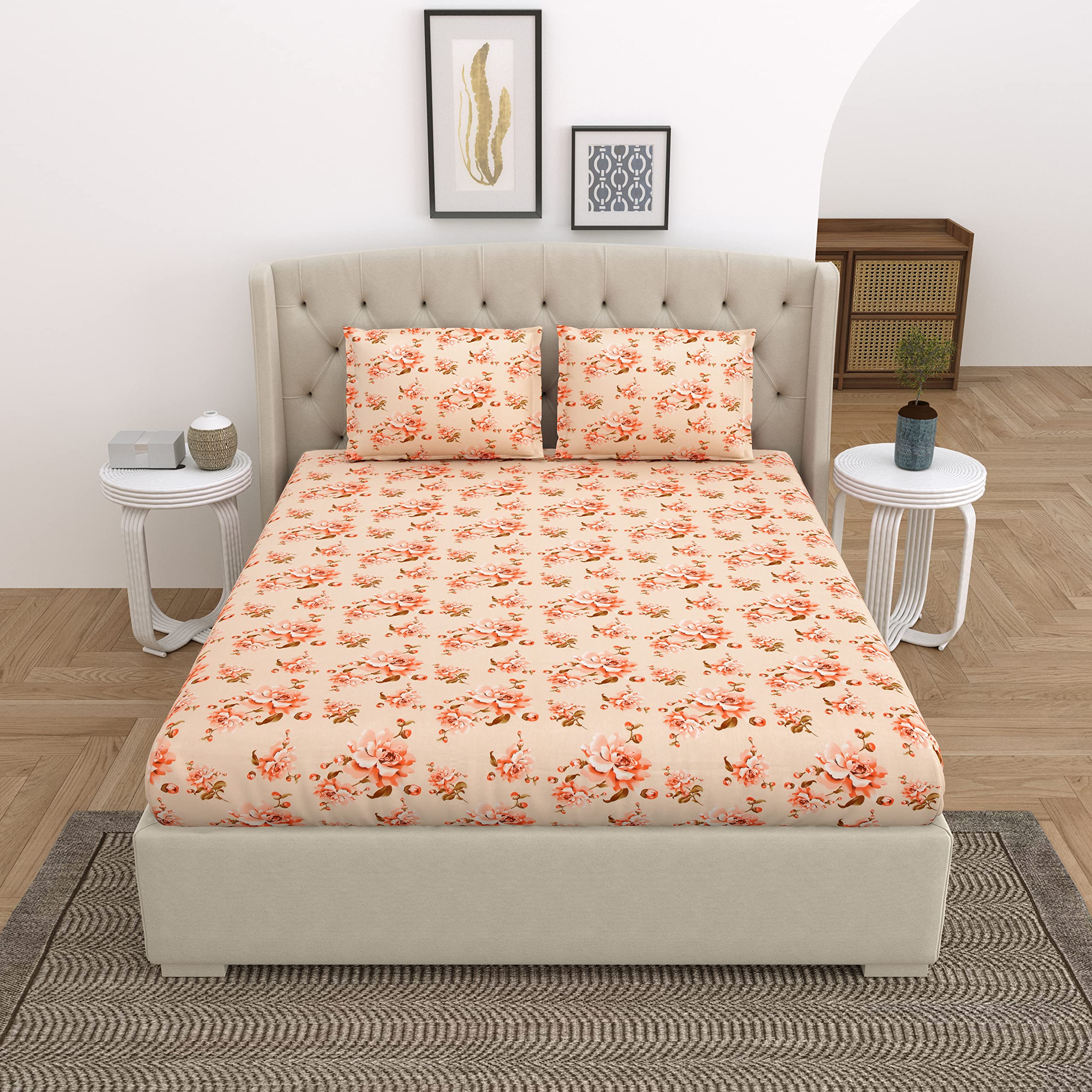 Linenweaves Twill Cotton Single Fitted Bedsheet with 1 Flange Pillow Cover/300 Thread Count Softest 100% Cotton Silky Soft  (36