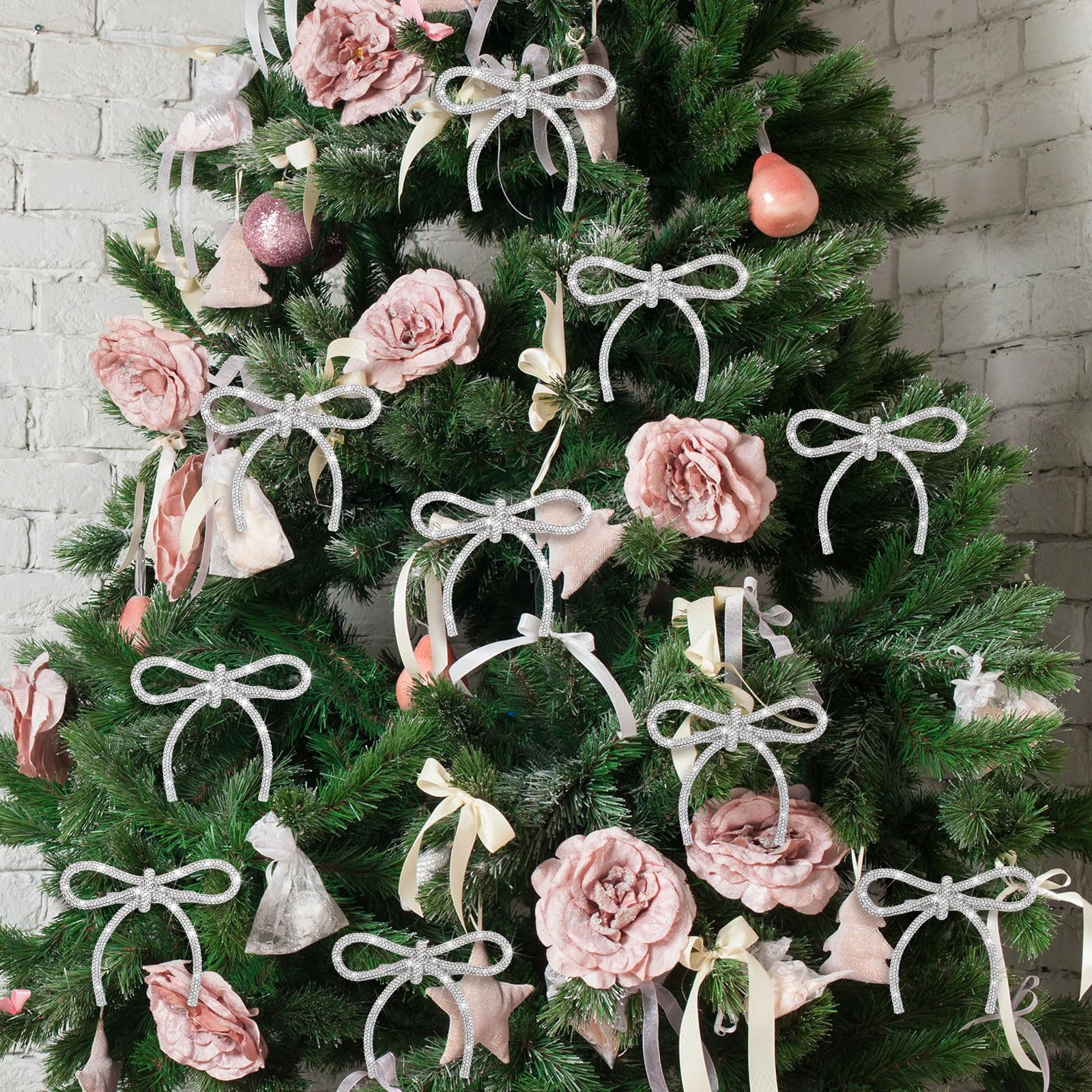 Suncalla 12 Pcs Glitter Christmas Tree Bow Clip Ornaments 4.1 x 4.5 Inch Bow Christmas Tree Wreath Decoration Xmas Hanging Ornam
