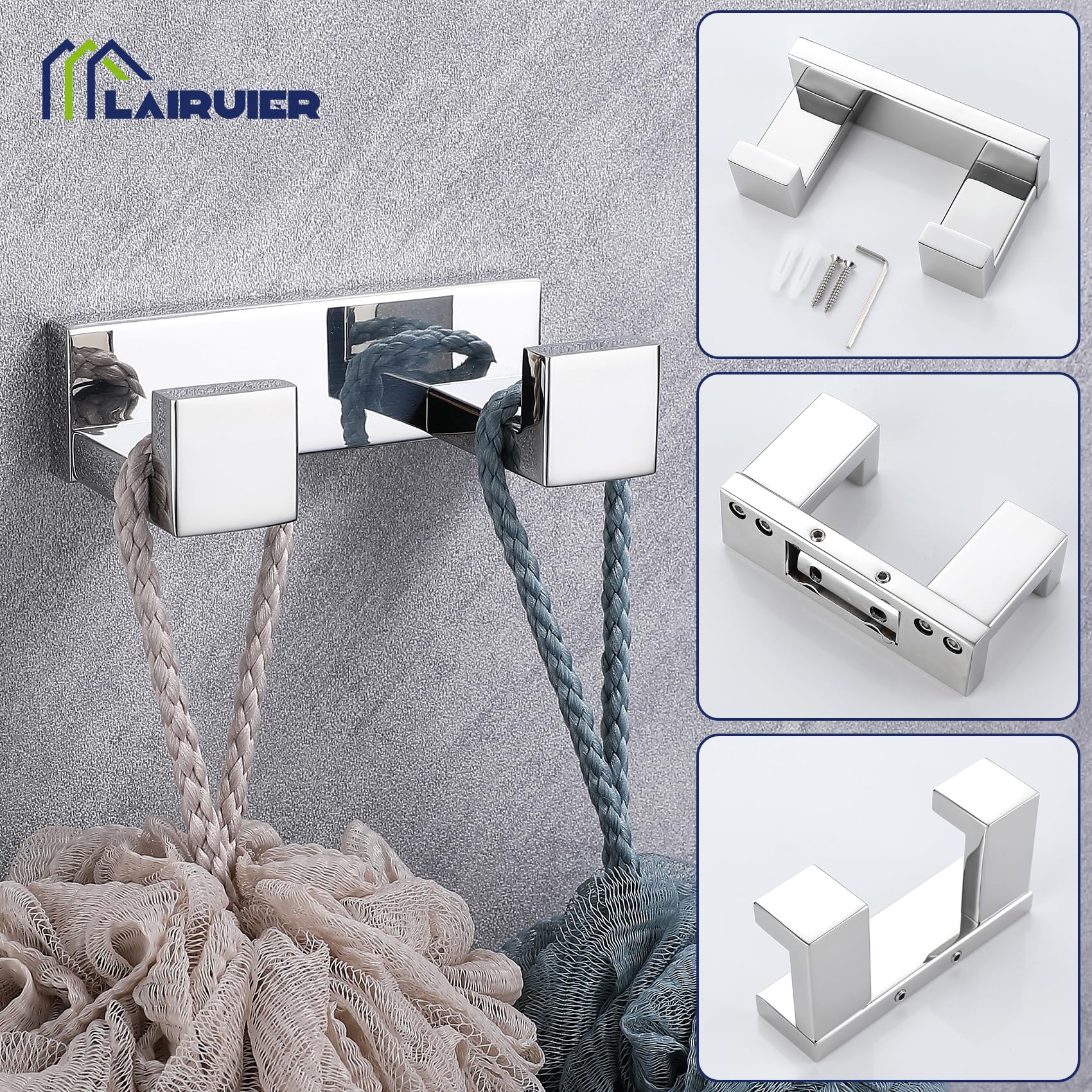 Lairuier Bath Towel Bar Set, Polished Chrome 4-Piece Bathroom Hardware Set Including Towel Bar, Towel Holder, Toilet Paper Holde