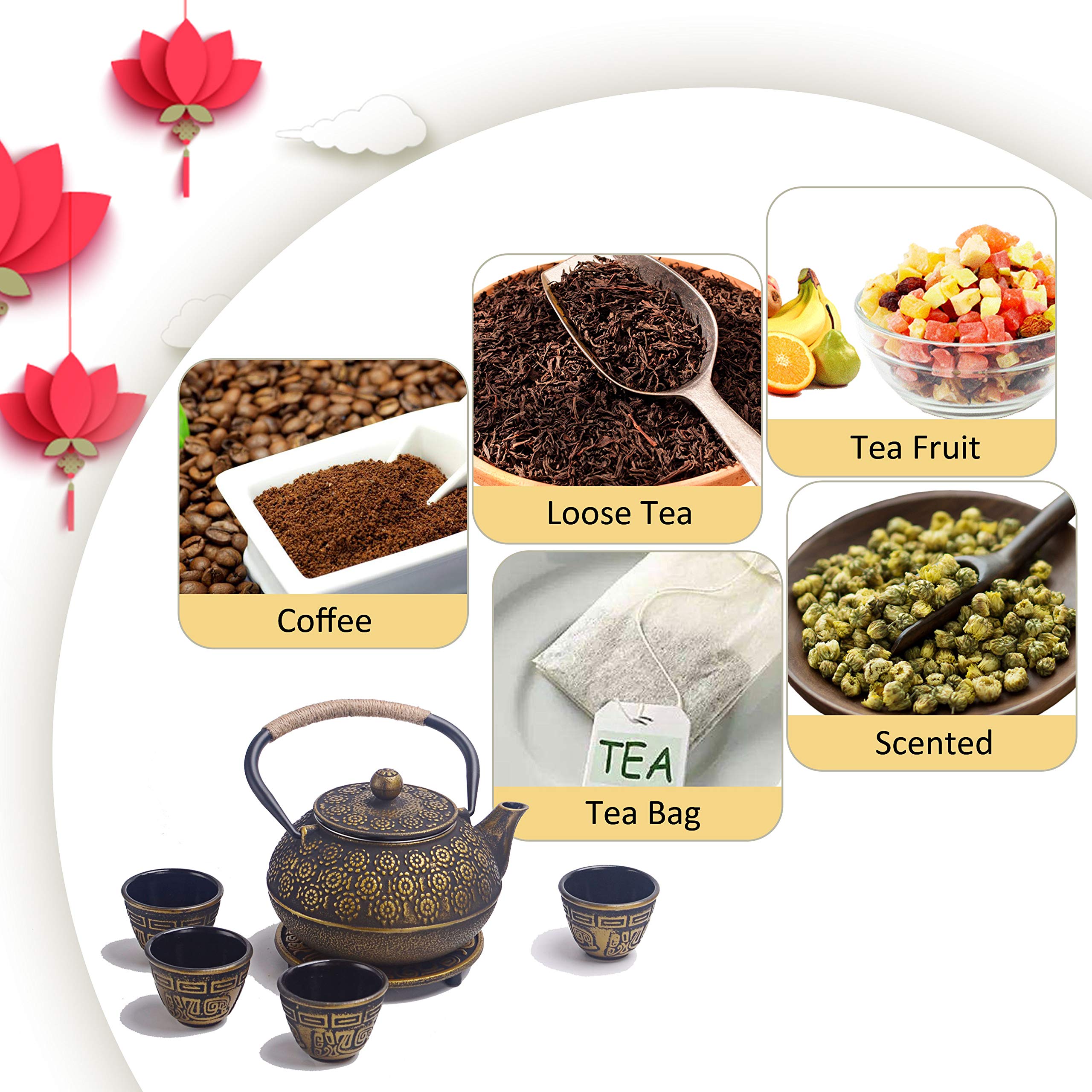 6 Piece Set Gold Japanese Cast Iron Teapot(30 Oz /900 Ml) With 4 Tea Cups (2 Oz Each), Leaf Tea Infuser And Trivet