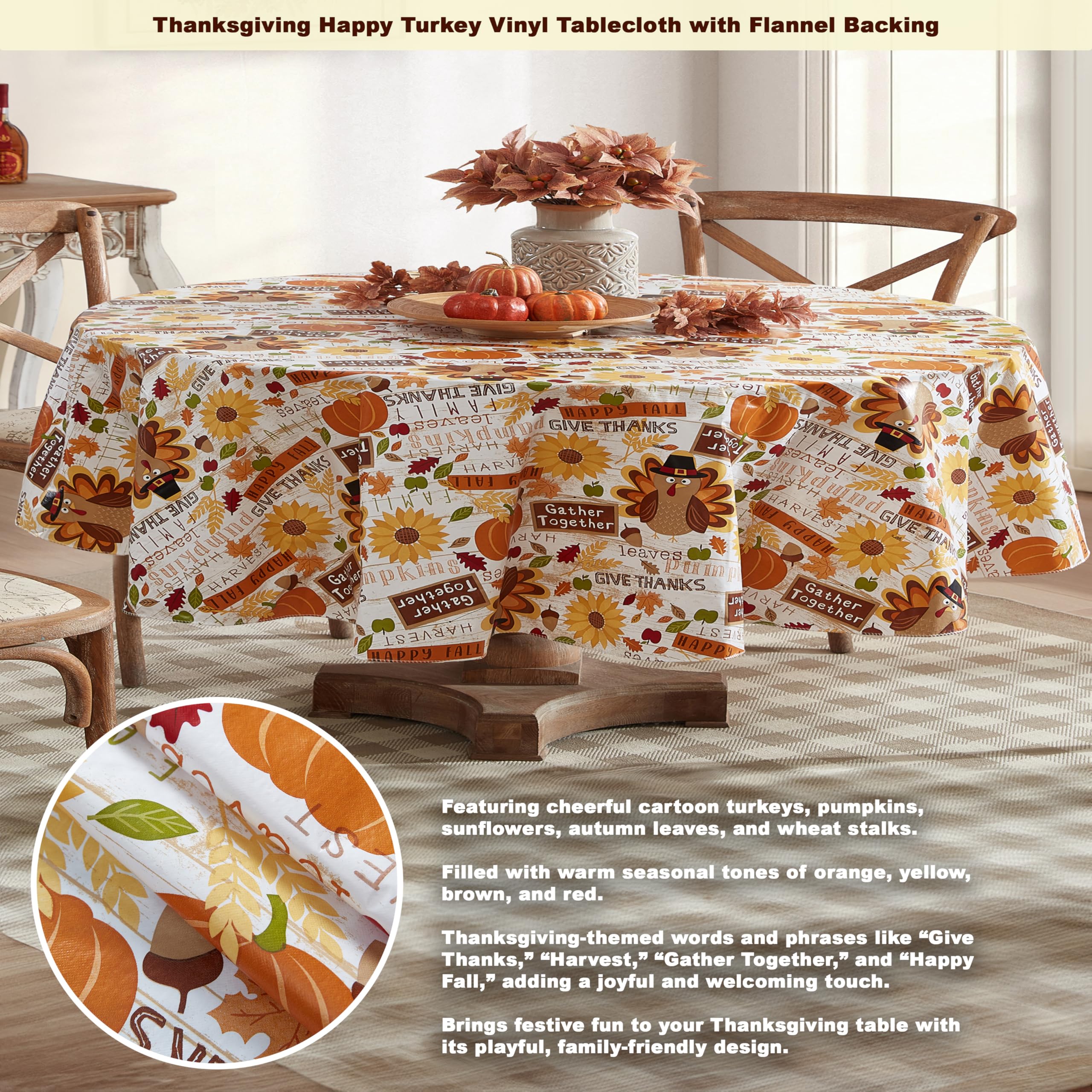 Newbridge Happy Thanksgiving Turkey Vinyl Tablecloth with Flannel Backing, 60 x 84 Inch Oval - Whimsical Fall Harvest Kitchen &