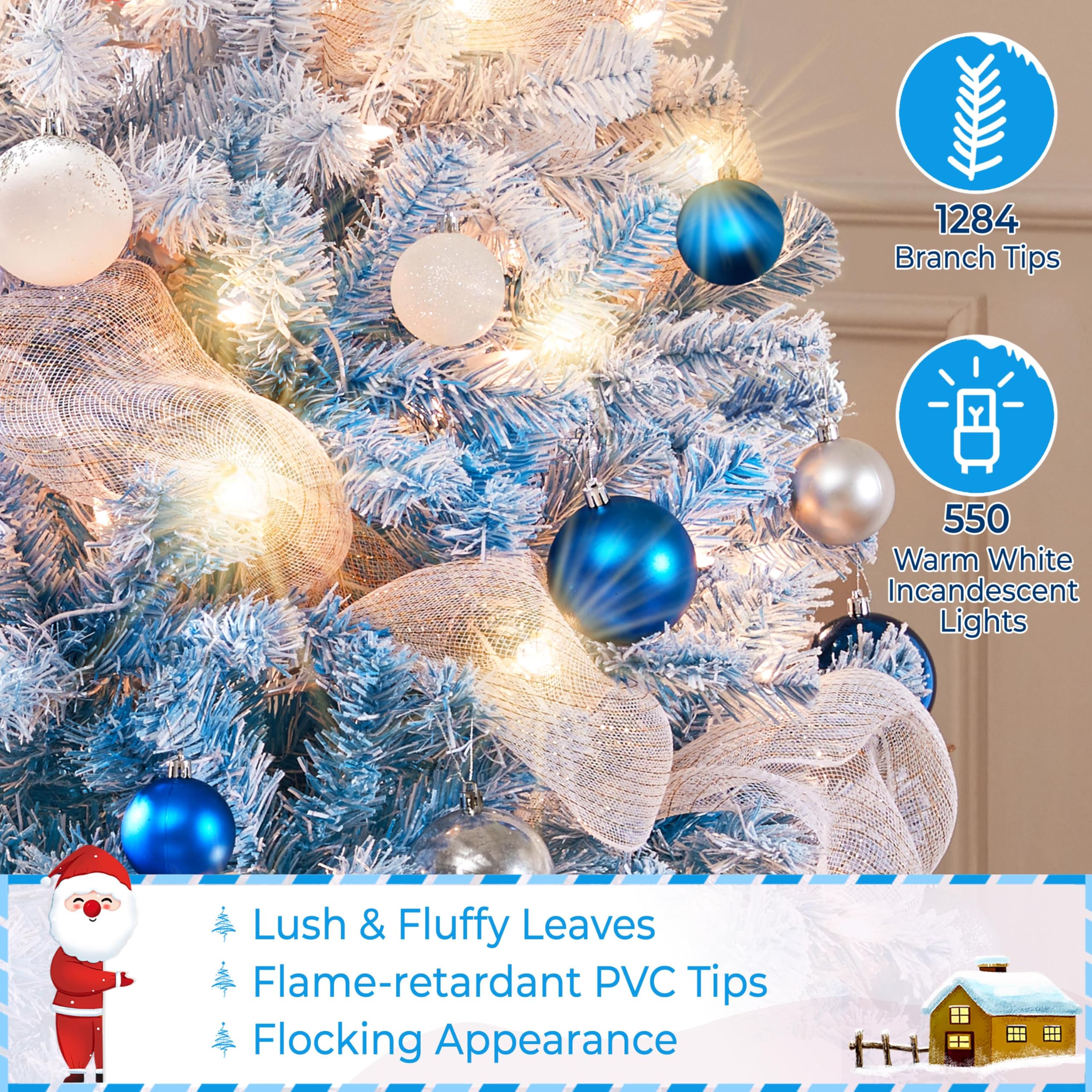 Yaheetech 7.5ft Pre-lit Artificial Christmas Tree with 550 Incandescent Warm White Lights, Snow Flocked Full Prelighted Xmas Tre