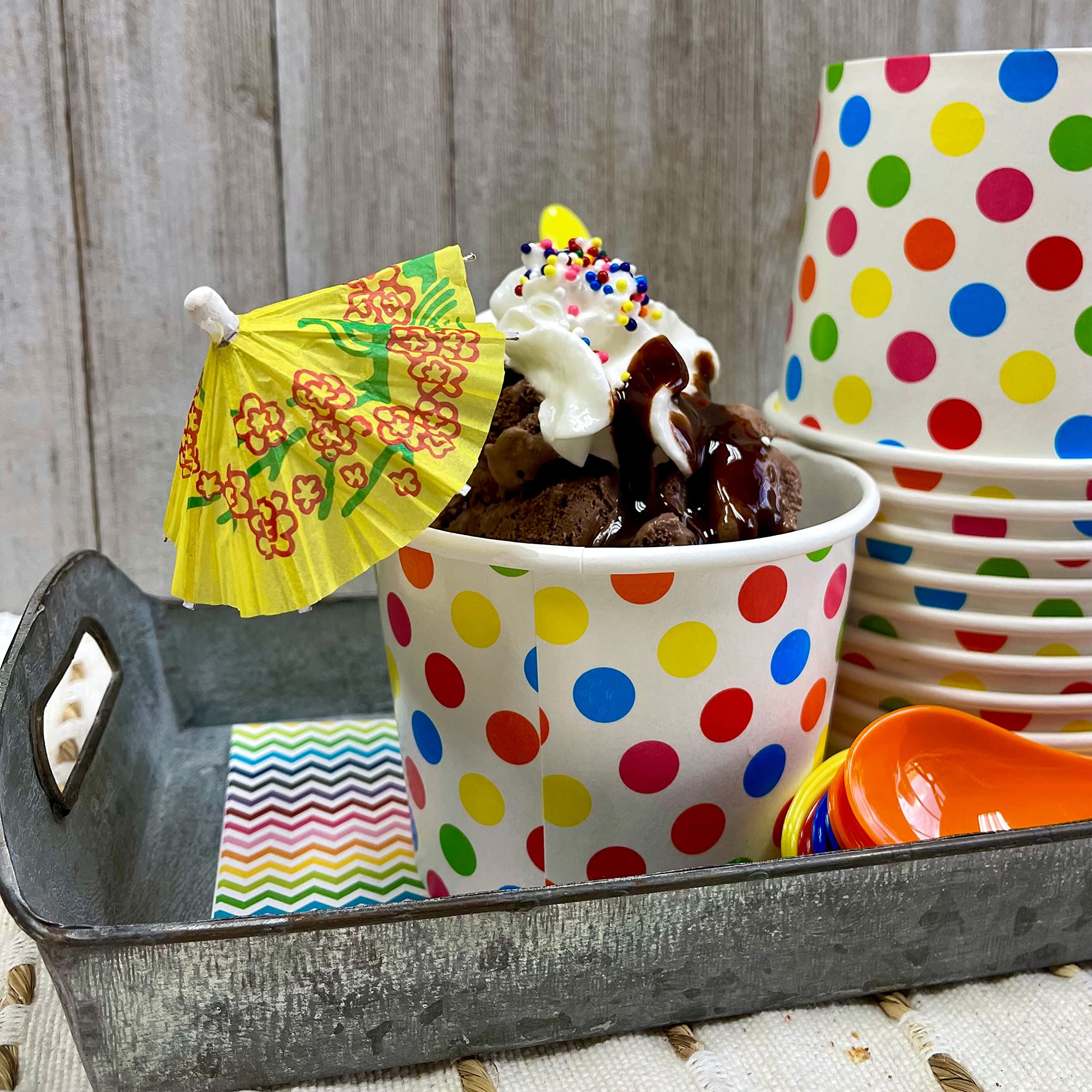 Ice Cream Sundae Kit - 12 Ounce Polka Dot Paper Treat Cups - Heavyweight Plastic Spoons - Paper Umbrellas - 12 Each Pink Orange