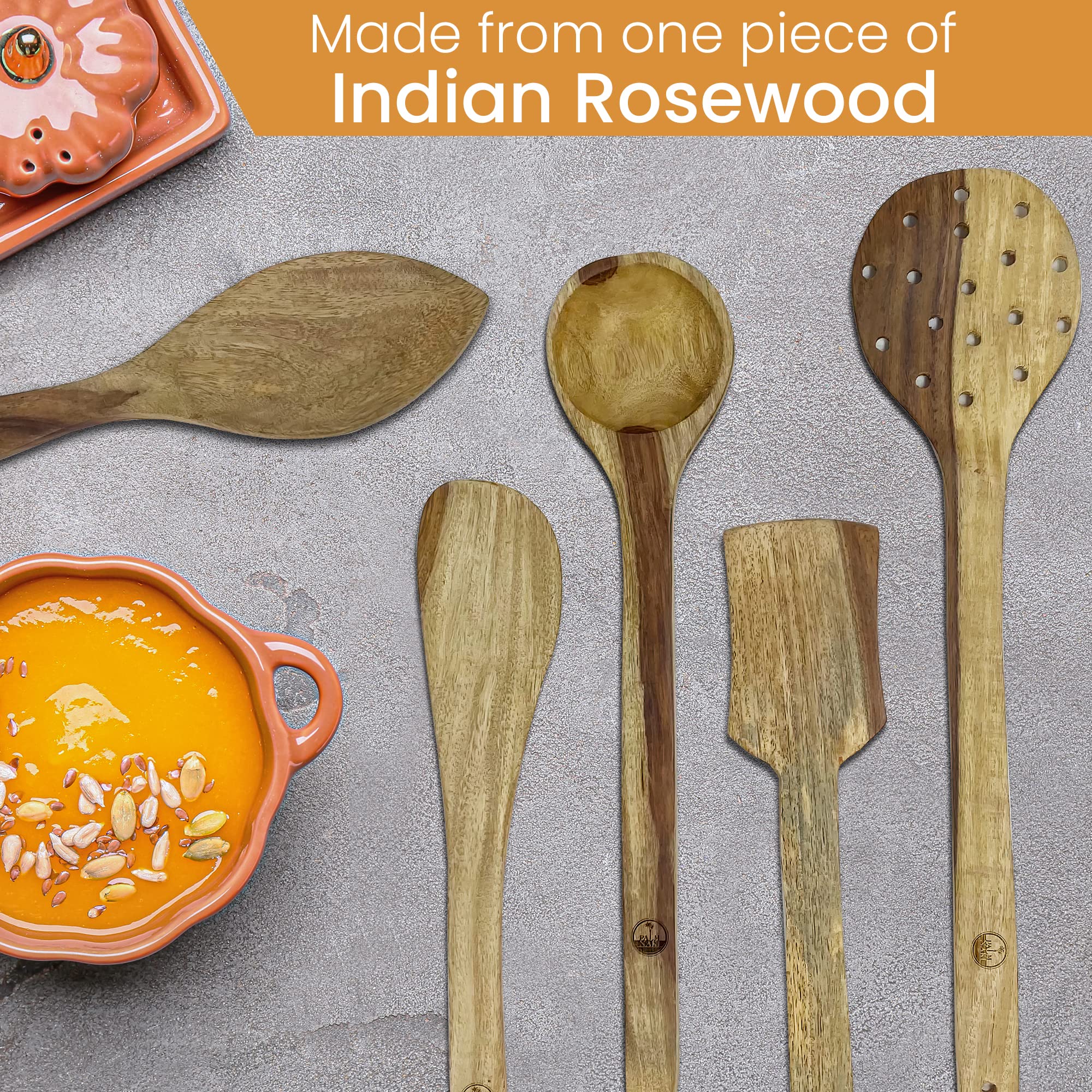 Palm Naki Indian Rosewood Cooking Spoons Set Of 5 Cooking Spoons - 5 Non-Stick Wood Cooking Spoons - Kitchen Cooking Utensils Wi