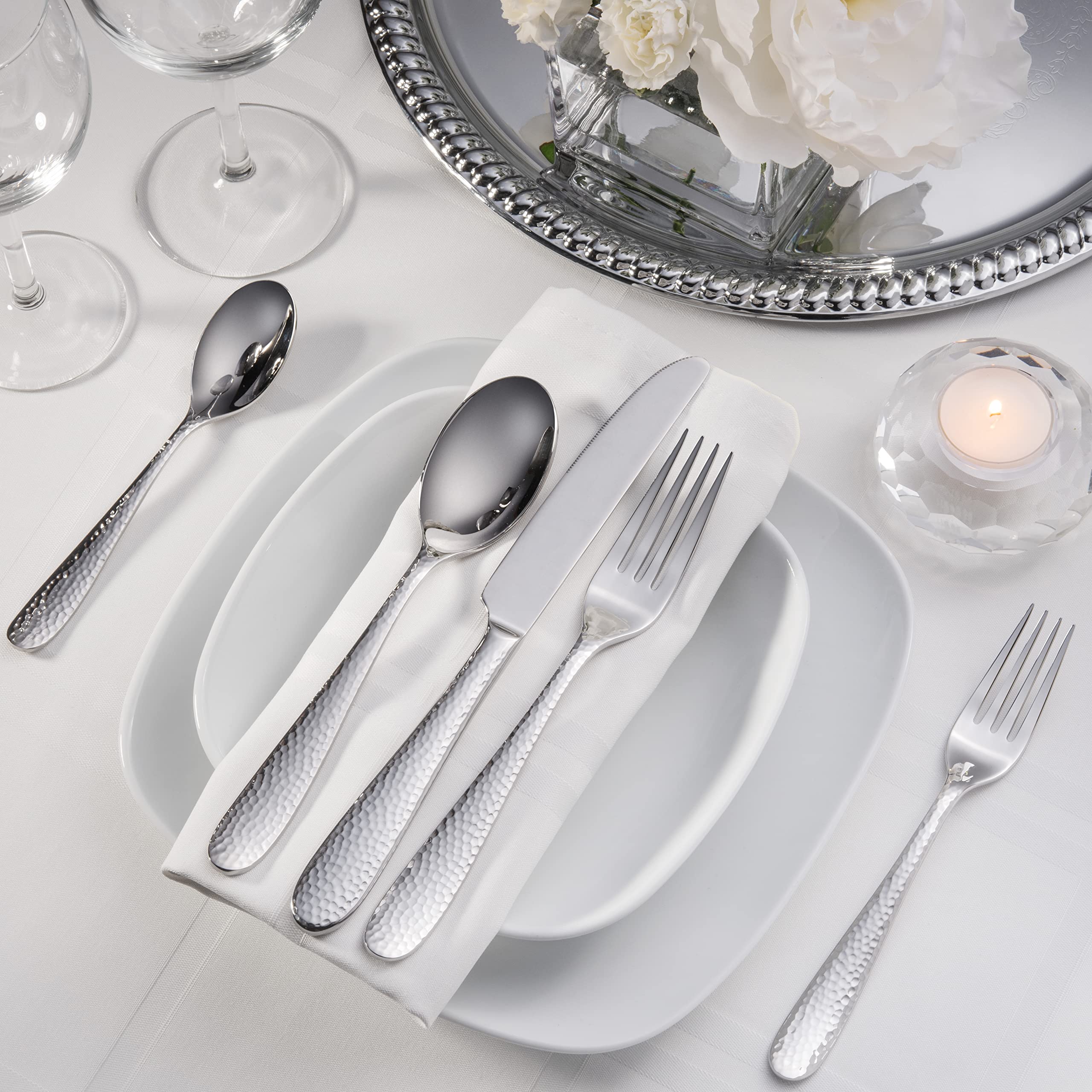 Hudson Essentials 40-Piece Hammered 18/10 Mirror Stainless Steel Silverware Set, Utensil Flatware Service For 8 - Bergamo Premiu