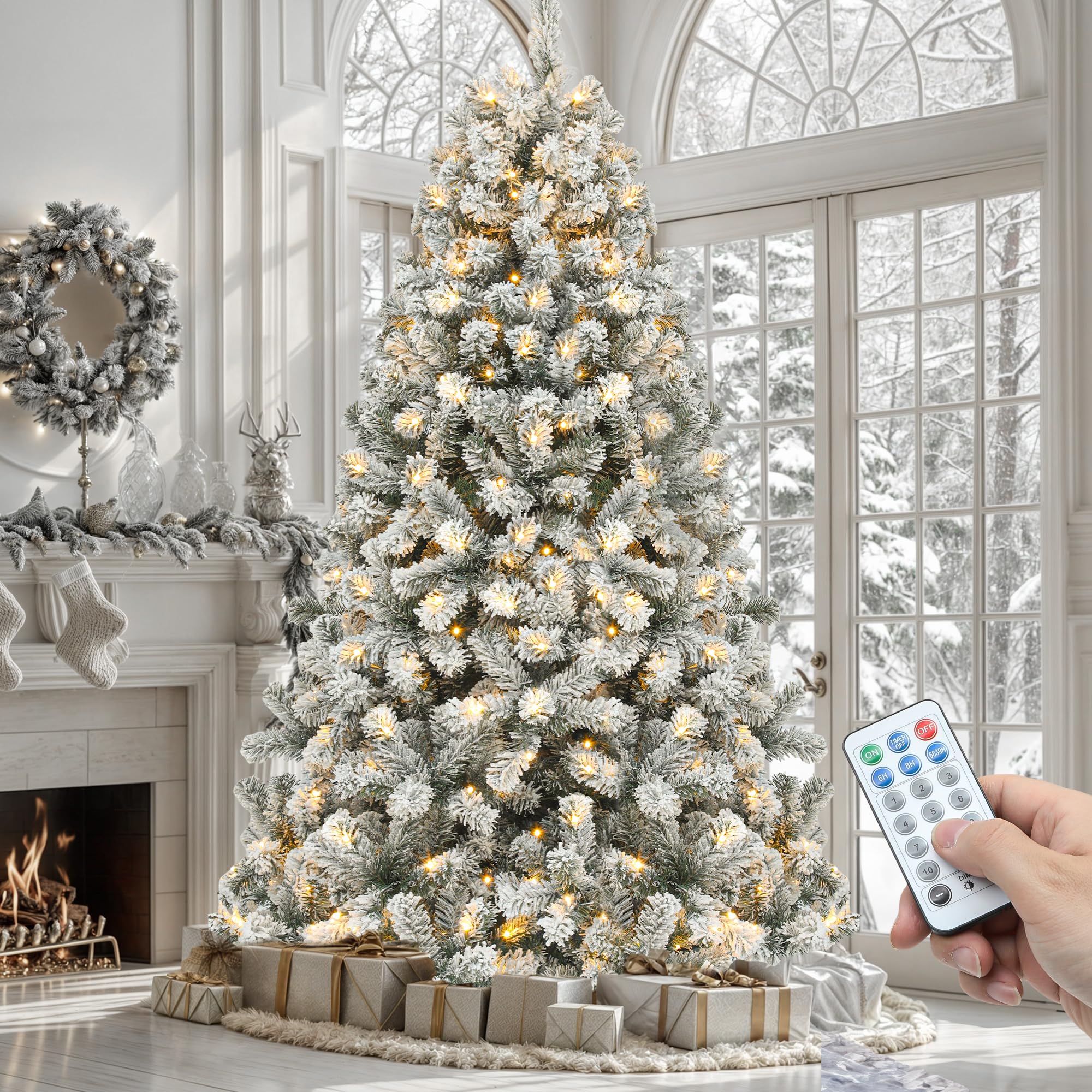 YITAHOME Prelit Snow Flocked Artificial Full Christmas Tree 9ft with Remote Control, Christmas Pine Tree with 11 Light-Modes, 20