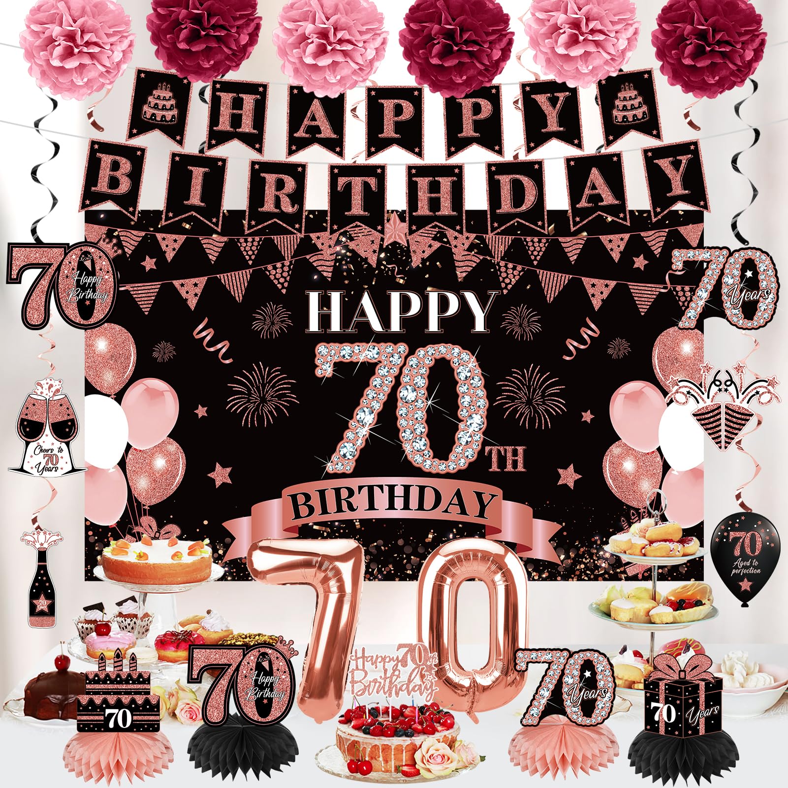 42Pcs 70Th Birthday Decoration Kit For Women, Rose Gold Happy 70Th Bday Banner Balloons Honeycomb Centerpiece Swirl Paper Pompom