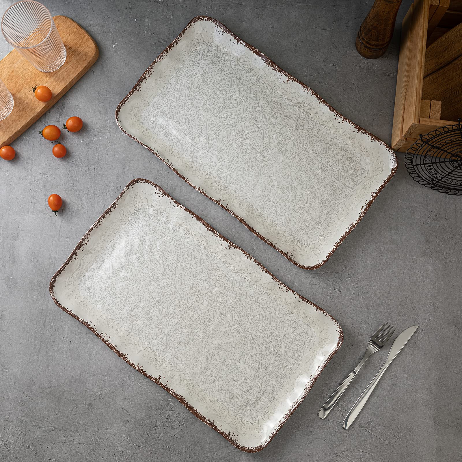 Lehaha Farmhouse Large Serving Platters, 2 Piece Melamine Dinnerware Set, 17.5 X 10 Inches Vintage Serving Tray, Rectangle White