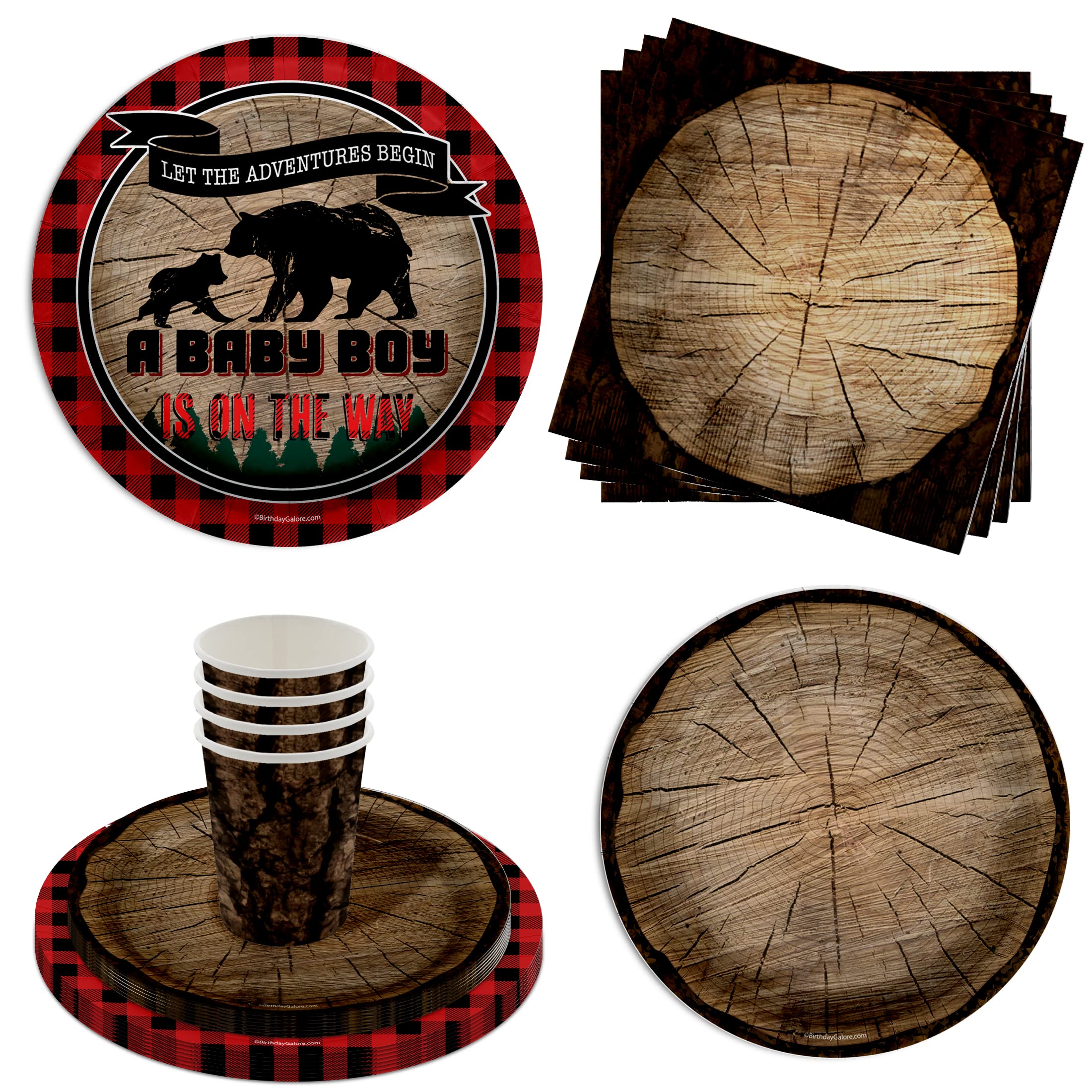 Birthday Galore Boy Baby Shower Party Supplies - Rustic Baby Shower Paper Plates Napkins Cups - Kit For 16 (Adventure Awaits Tre