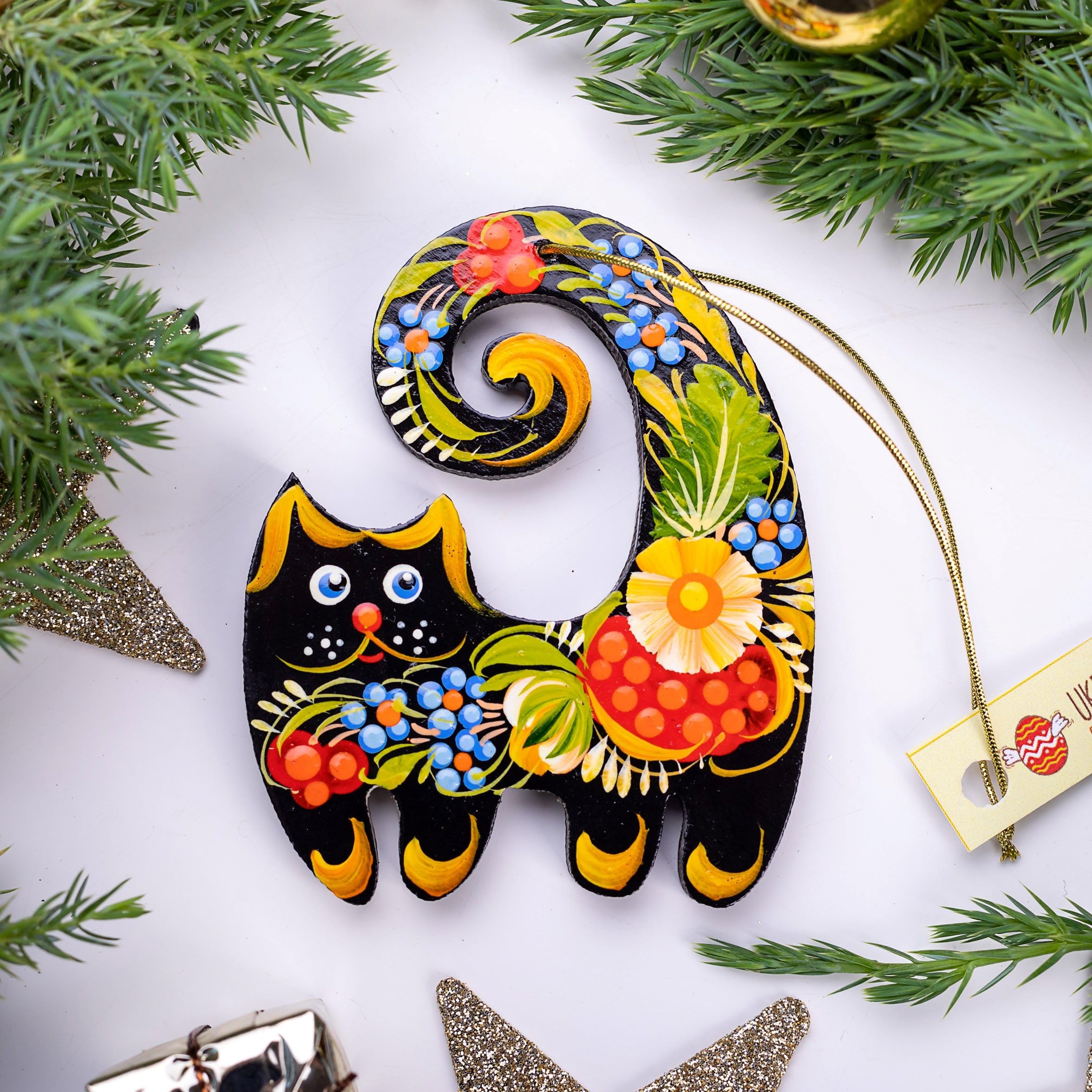 Cat Hanging Christmas tree Decoration Made of Wood Hand-painted on both sides,3,3 ? 2,8 ? 0,2 Inch | 7 ? 8,5 ? 0,5 cm Ukrainian