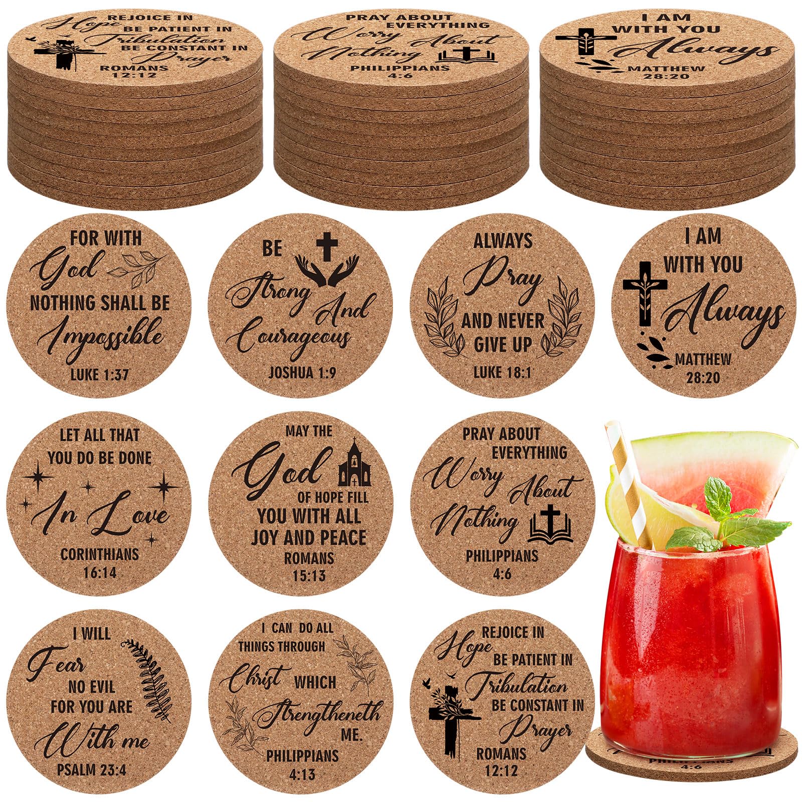 Hushee 50 Pcs Christian Church Gifts Bulk Coasters with Bible Verses 4 Christian Coasters Bulk Christian Cork Drink Coasters Set