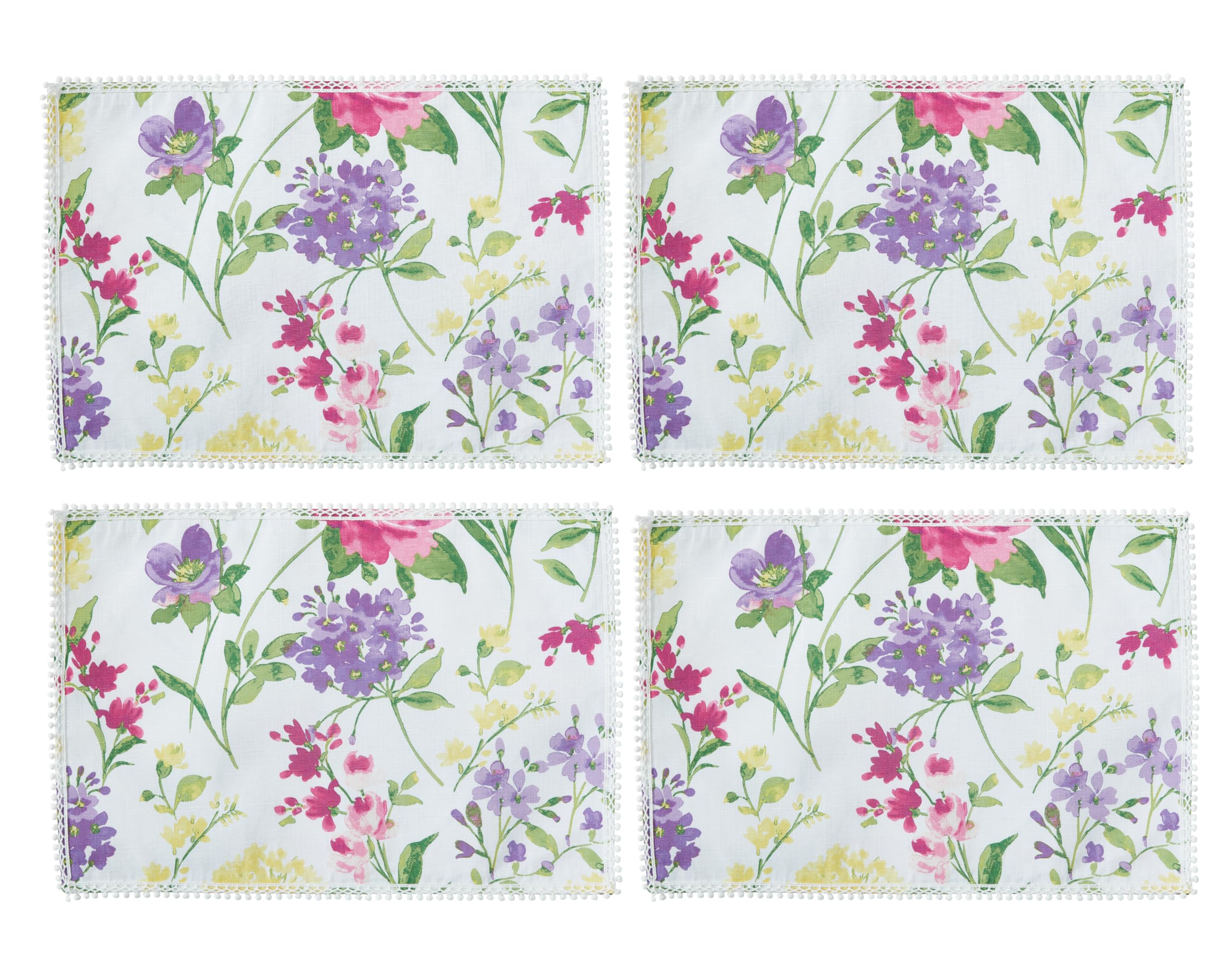 Newbridge Set Of 4 Placemats, 13 X 19 Inch Rectangle, Summer Sophia Pom Pom Fringe, Wrinkle And Stain Resistant Pink And Purple