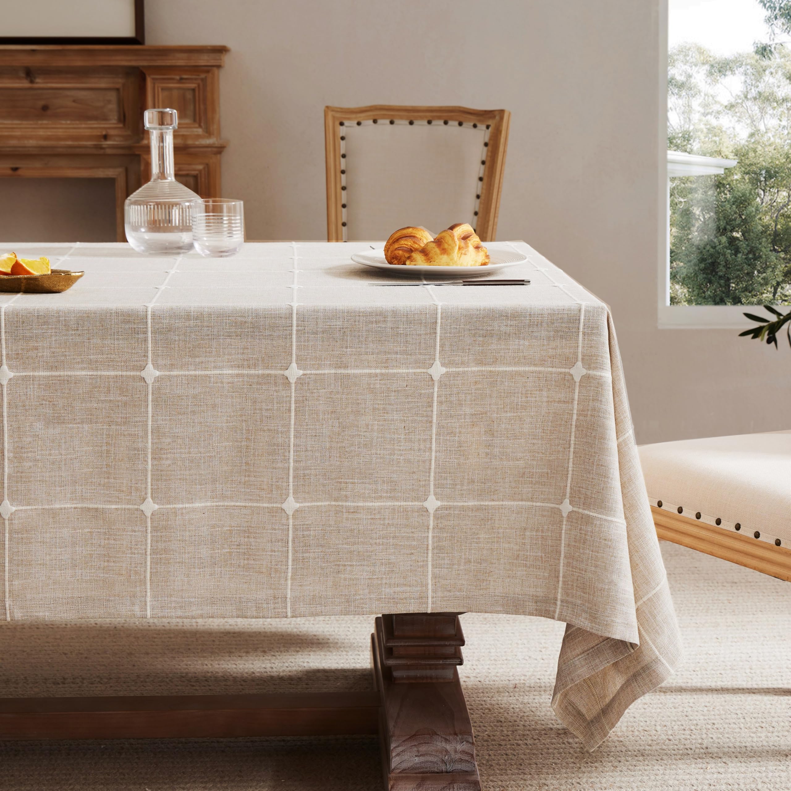 ZeeMart Grid Embroidered Tablecloths 60x120 Inch (Fit 7ft-8ft, Narrow Fit 9ft Rectangle Table), Taupe Farmhouse Heavy Weight Cot