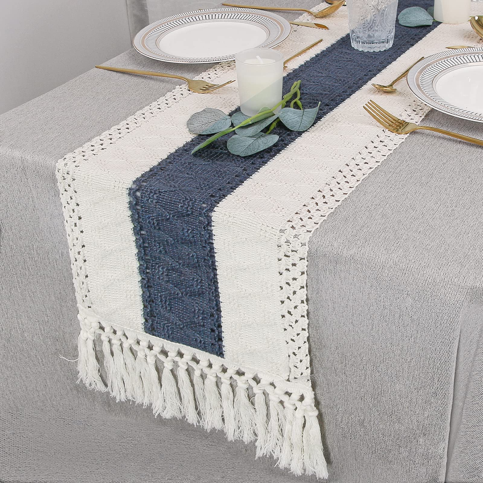 Fexia Boho Blue Table Runner 72 Inches Long Macrame Table Runner Farmhouse Style Table Runner With Tassels For Party Bohemian Ru