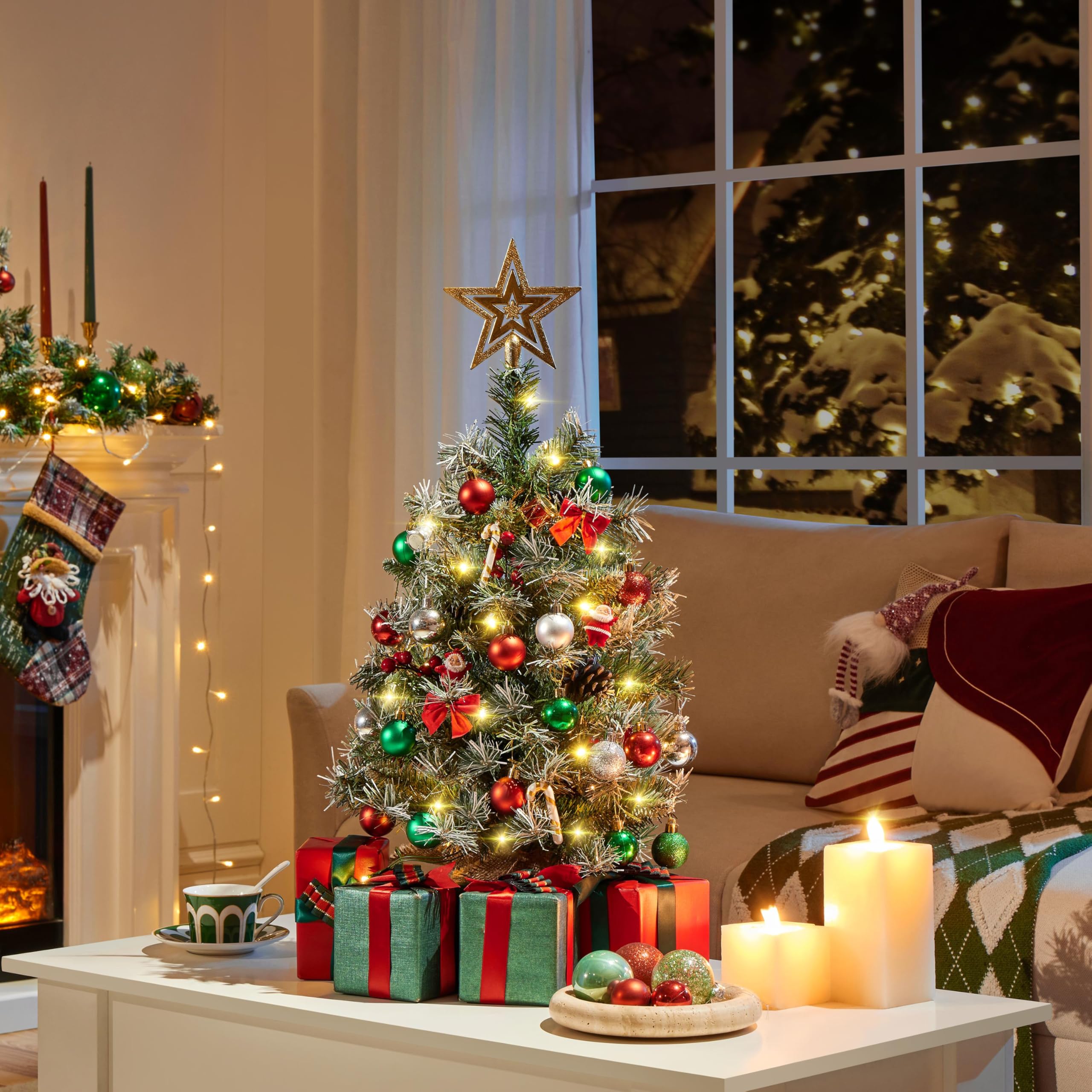 Yaheetech 4Pcs Pre-Lit Artificial Mini Christmas Tree, 2ft Frosted Tabletop Small Christmas Tree with LED Lights, Red Berries &