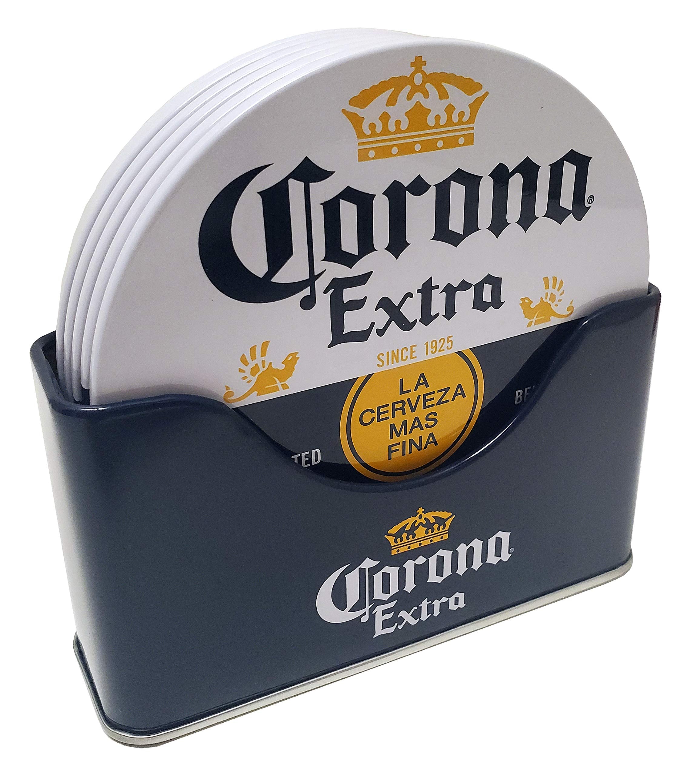 Corona 6 Pc Coaster Set With Standing Metal Holder, White And Blue