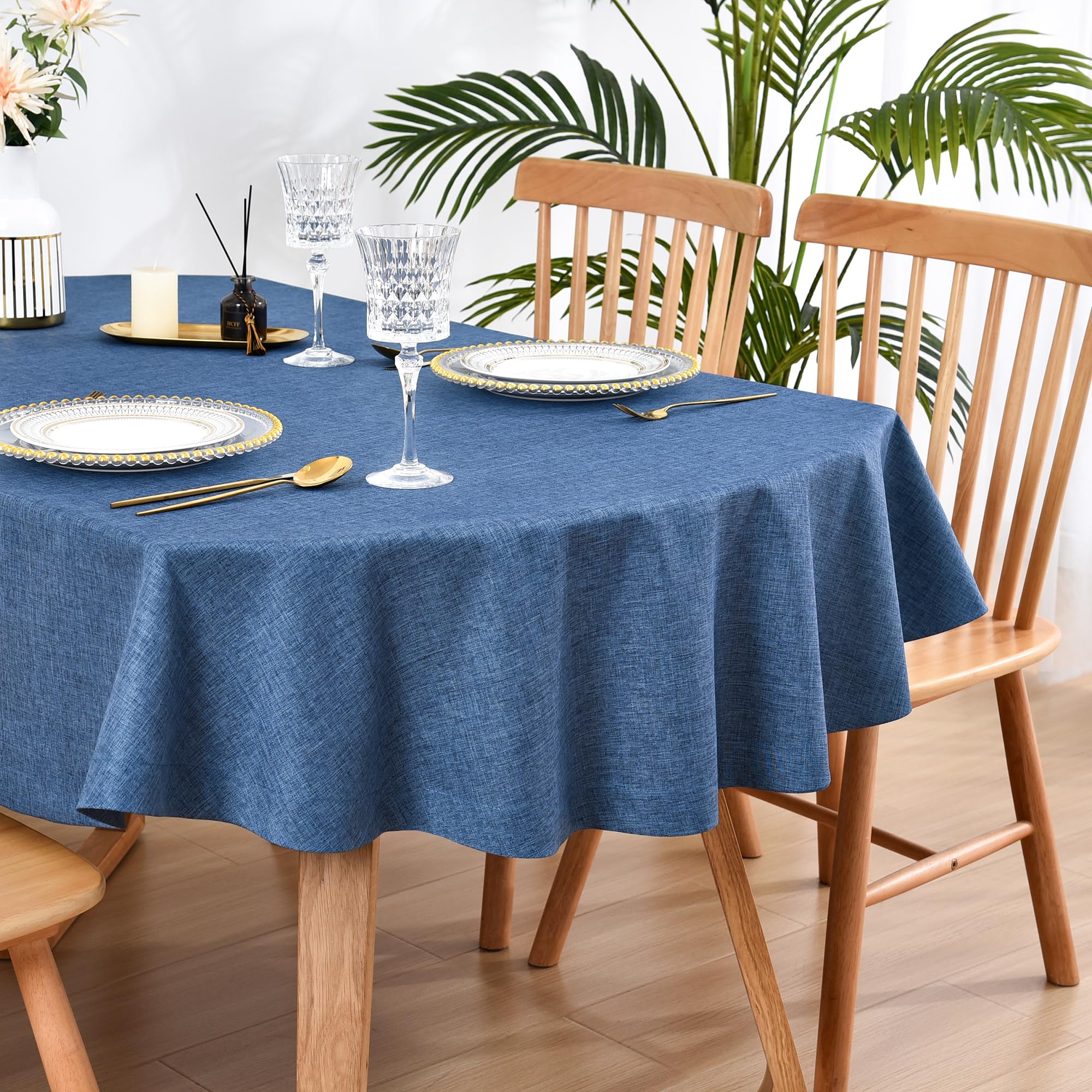 Wolkemer Faux Linen Oval Tablecloth Heavy Duty Wrinkle Resistant Fabric Table Cloths 60 x 102 Inch Navy Blue Farmhouse Rustic Ta