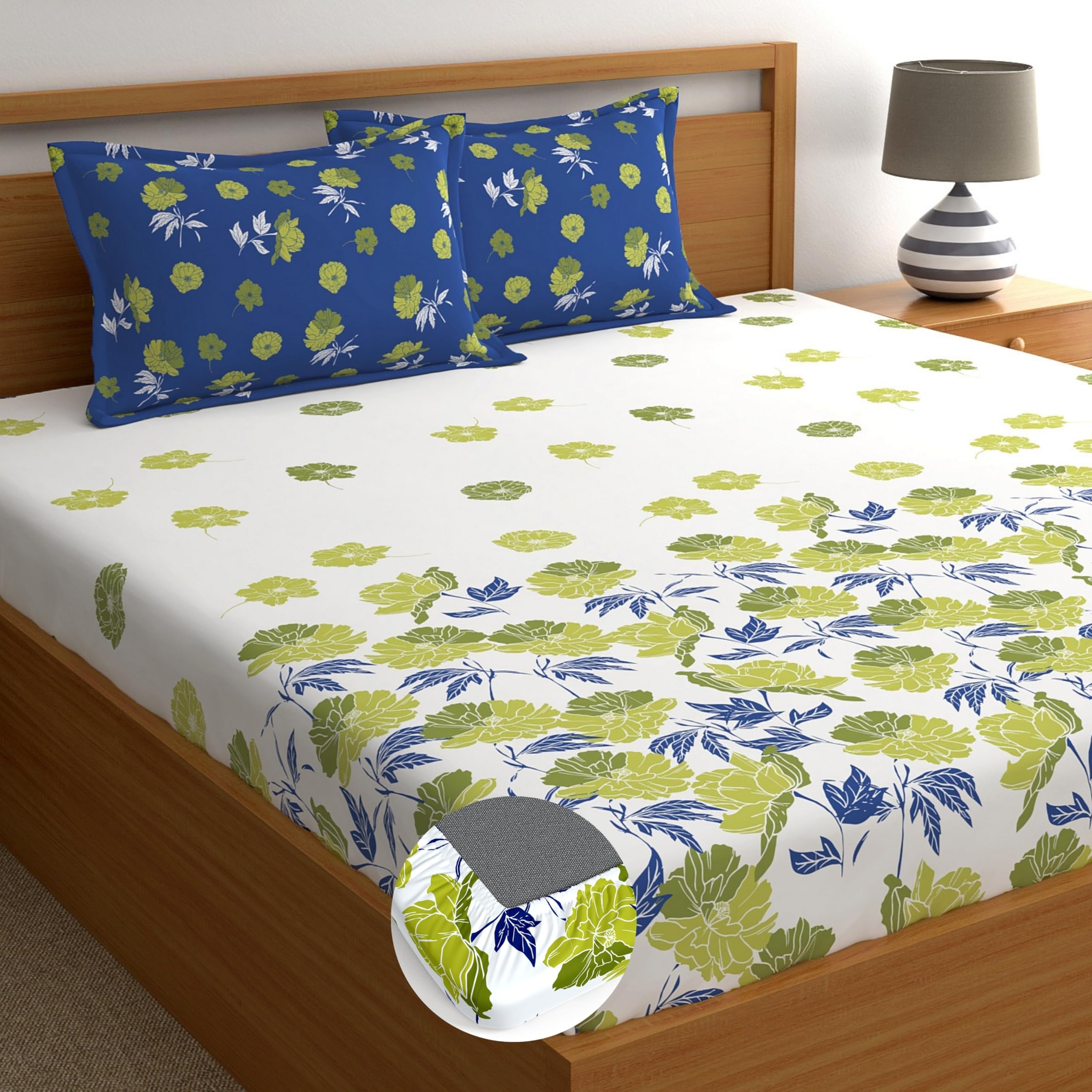 Dreamscape 100% Cotton King Fitted Bedsheet With 2 Pillow Covers, 140 Tc Cotton Floral Blue Bedsheet For King Fitted Bed (6Ft X 