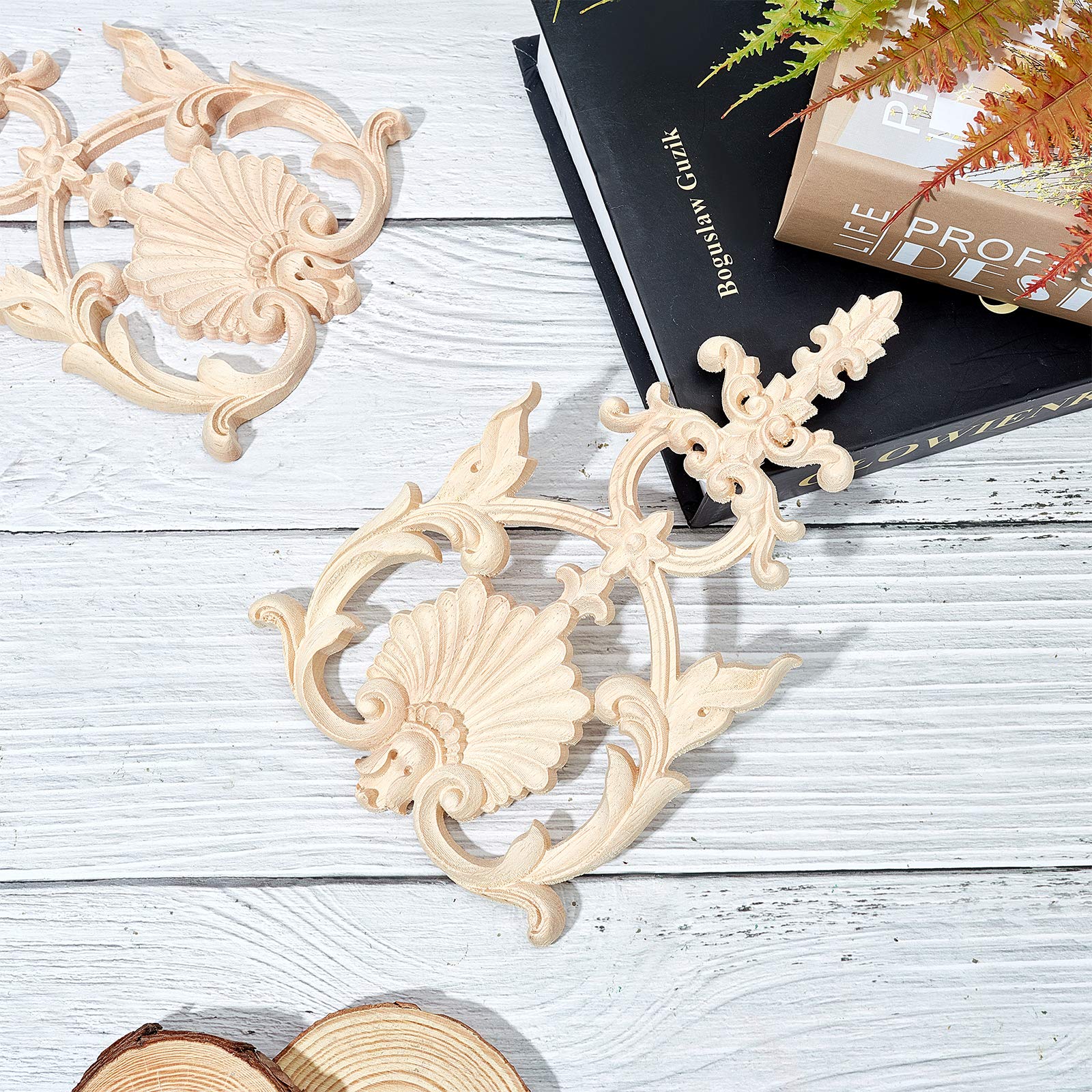 Superfindings 2Pcs Carved Wood Appliques Onlays Wooden Decal Corner Frame 7.5X4.6Inch Unpainted Wooden Onlay Wood Carving Appliq