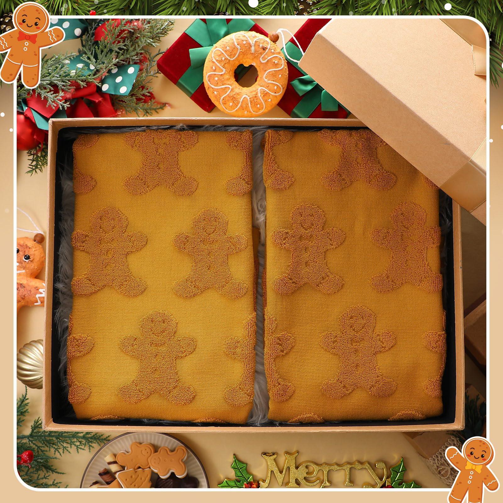 Breling 2 Pcs Christmas Hand Towels Brown Gingerbread Man Bathroom Decorative Towels 100% Cotton Absorbent Jacquard Weave Bath D