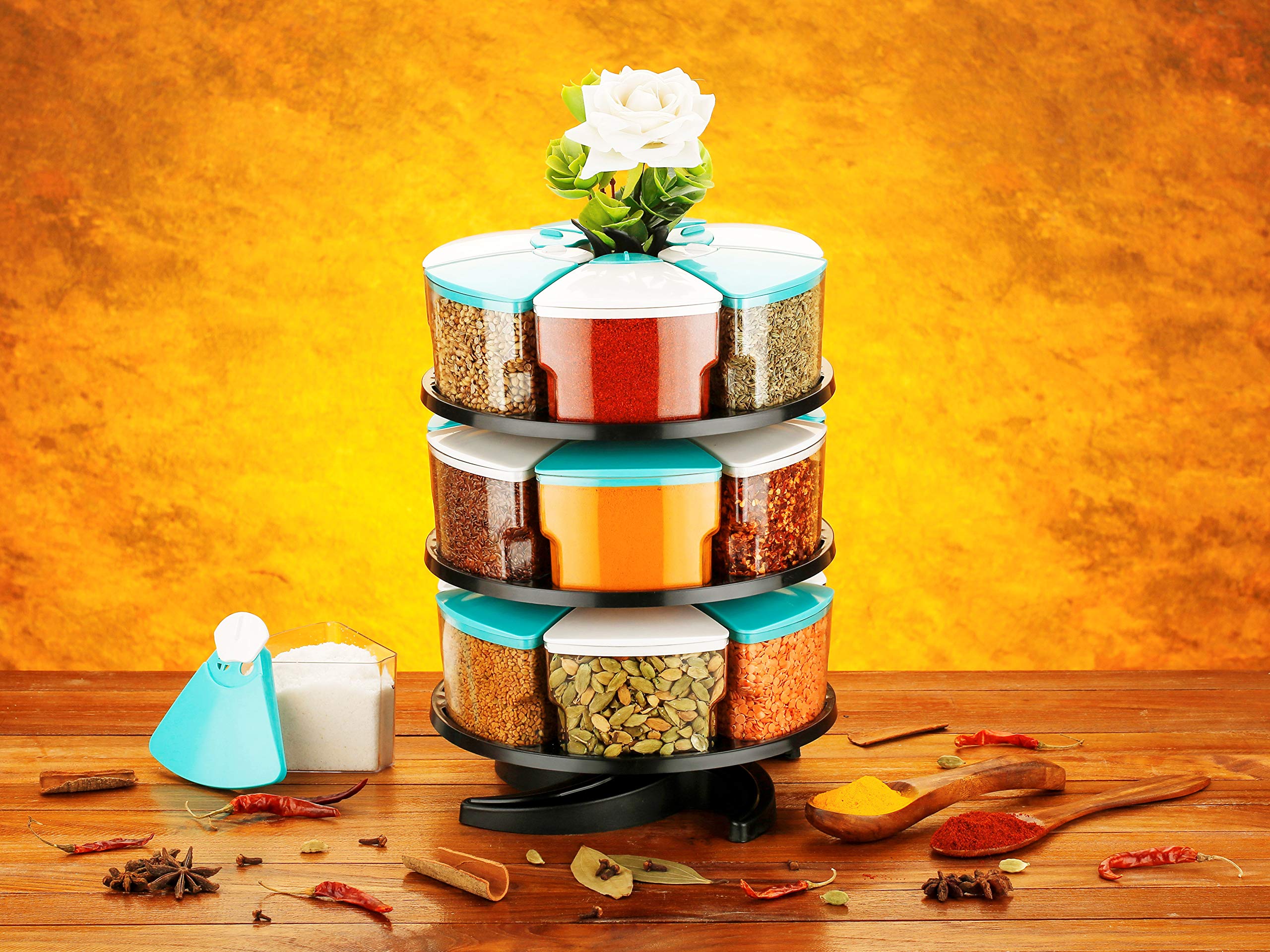 Furious 360 Spice Rack Set of 18 Piece 3 Layer Spice Set -Plastic (White and Blue-18)