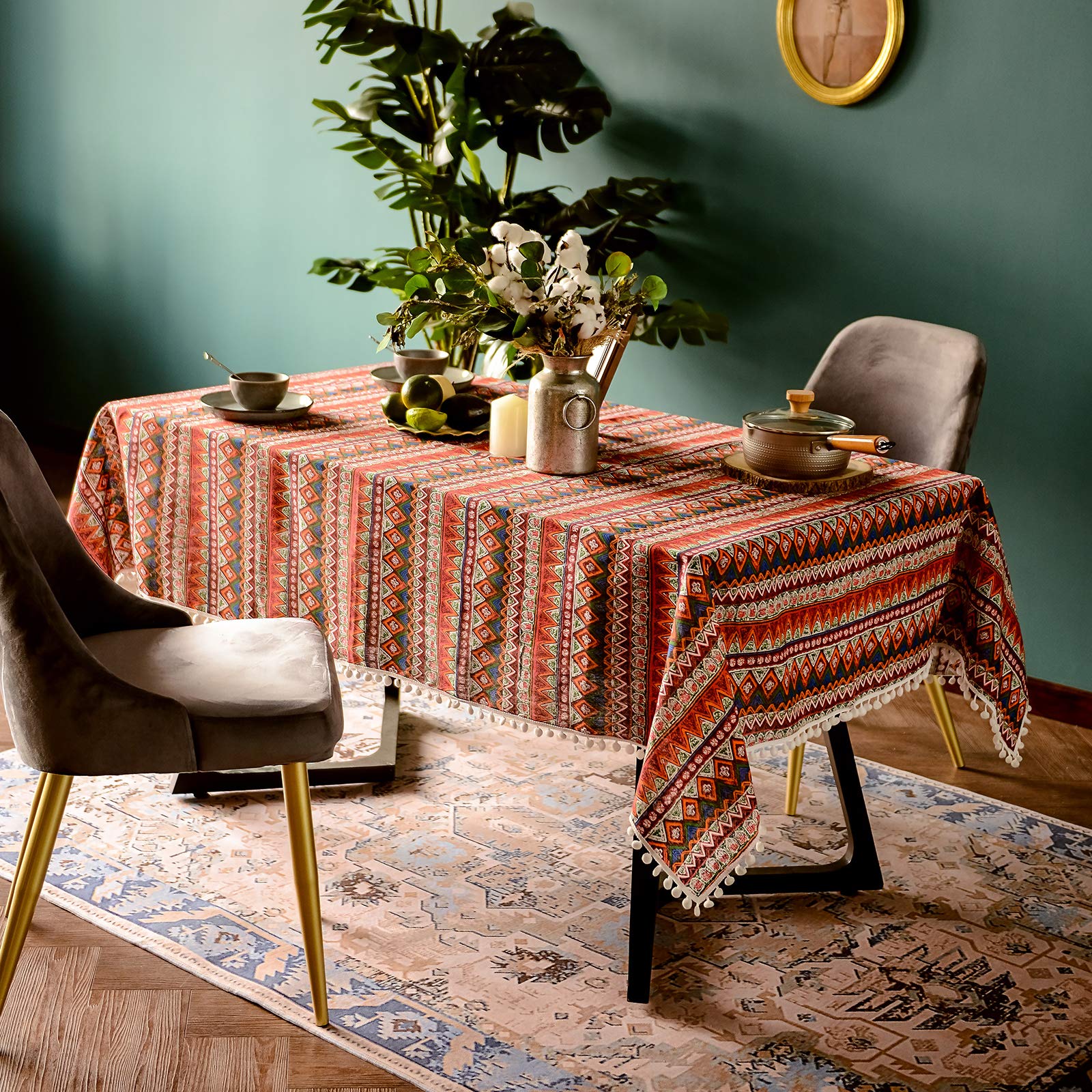 SUTAVIA Pompom Tassel Boho Tablecloth for Rectangle Table Covers Wrinkle Free Linen Bohemian Style Design Table Cloth for Dining Room Tabletop Decoration (Red  52''x70'')