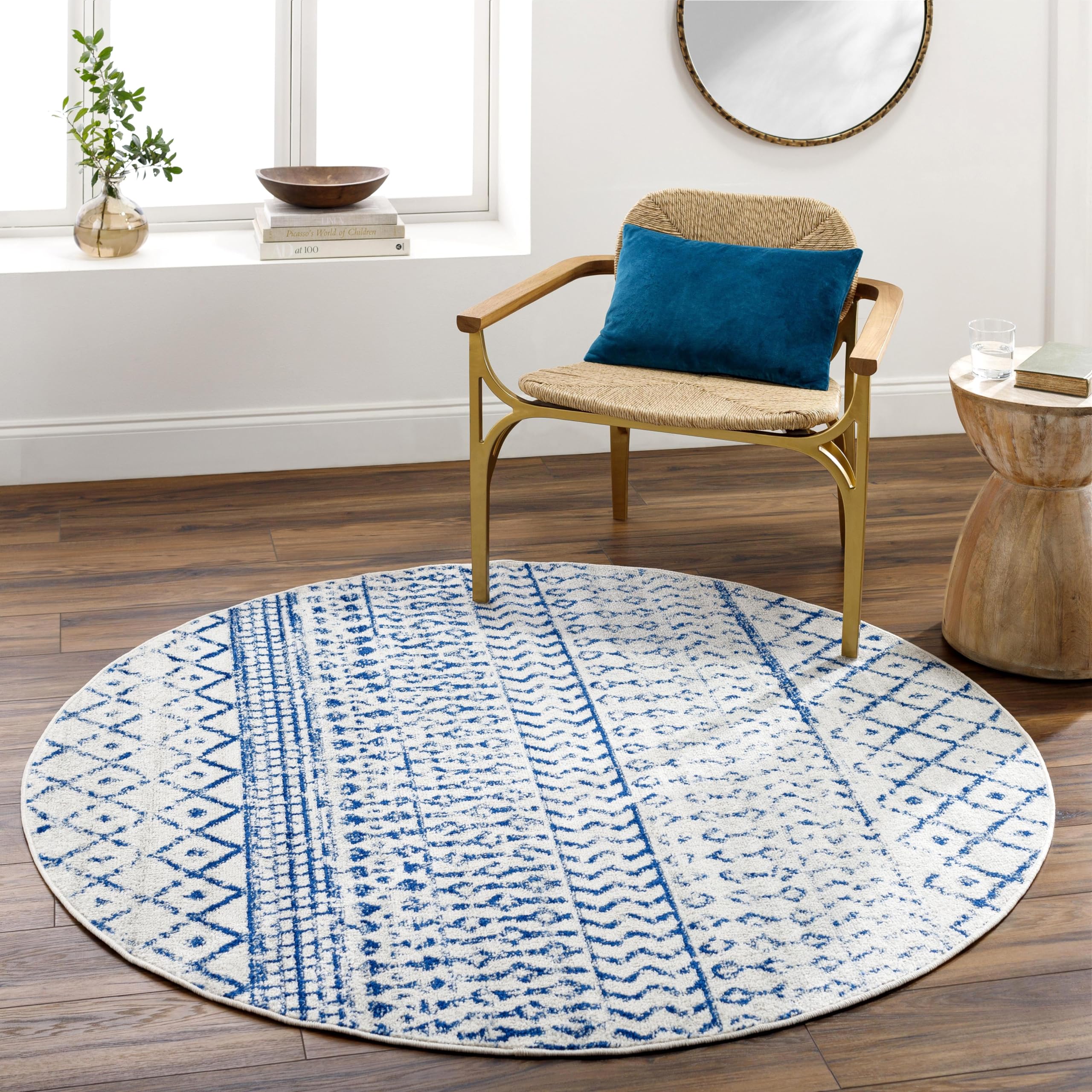 Livabliss Area Rugs - 5ft Round Chester Boho Moroccan Cream Rug for Living Room Bedroom - Blue Slate Gray Geometric Stain Resist