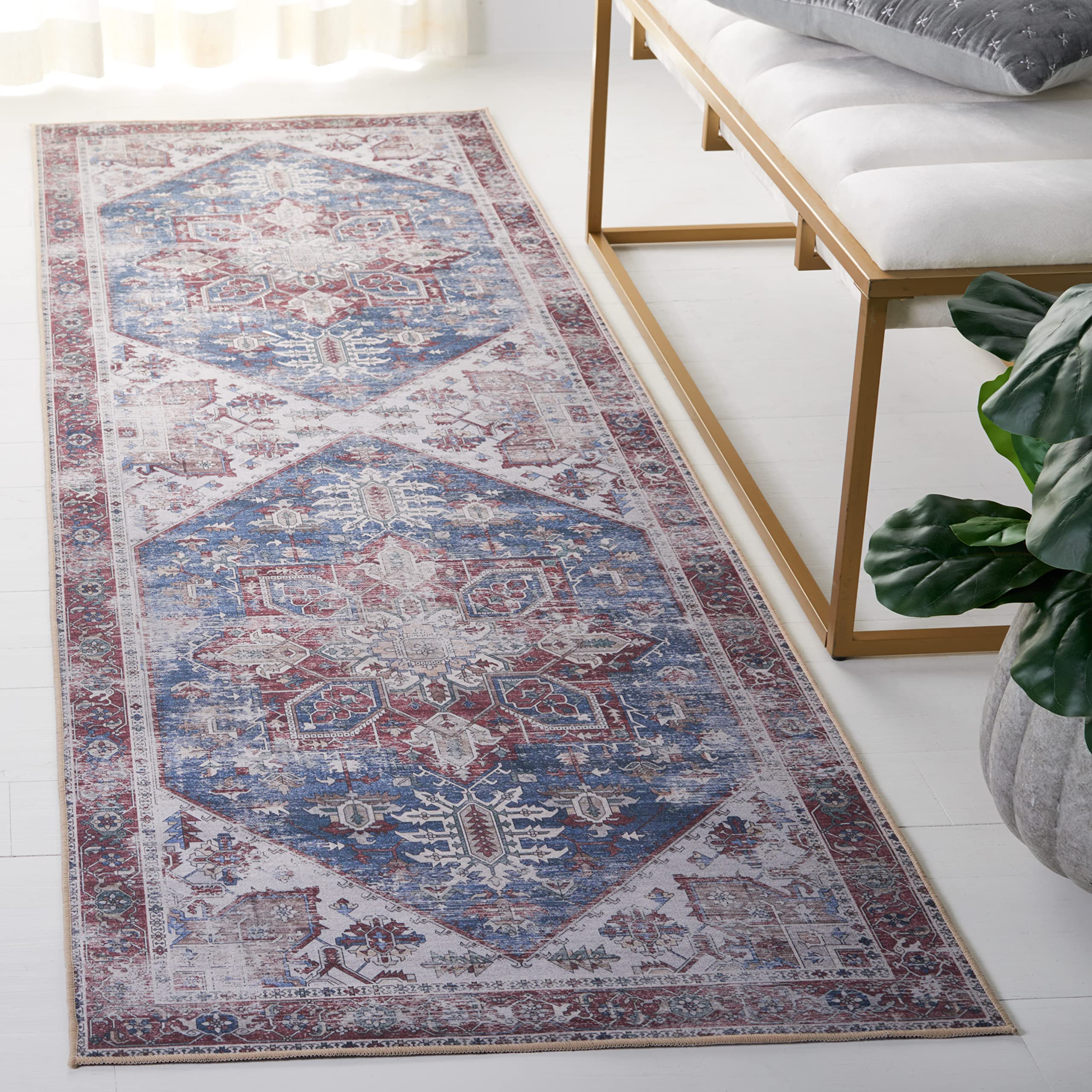 SAFAVIEH Washable Rug Tucson Collection - 26 x 8 Runner, Navy & Red, Slip Resistant, Ideal for High Traffic Areas in Living R