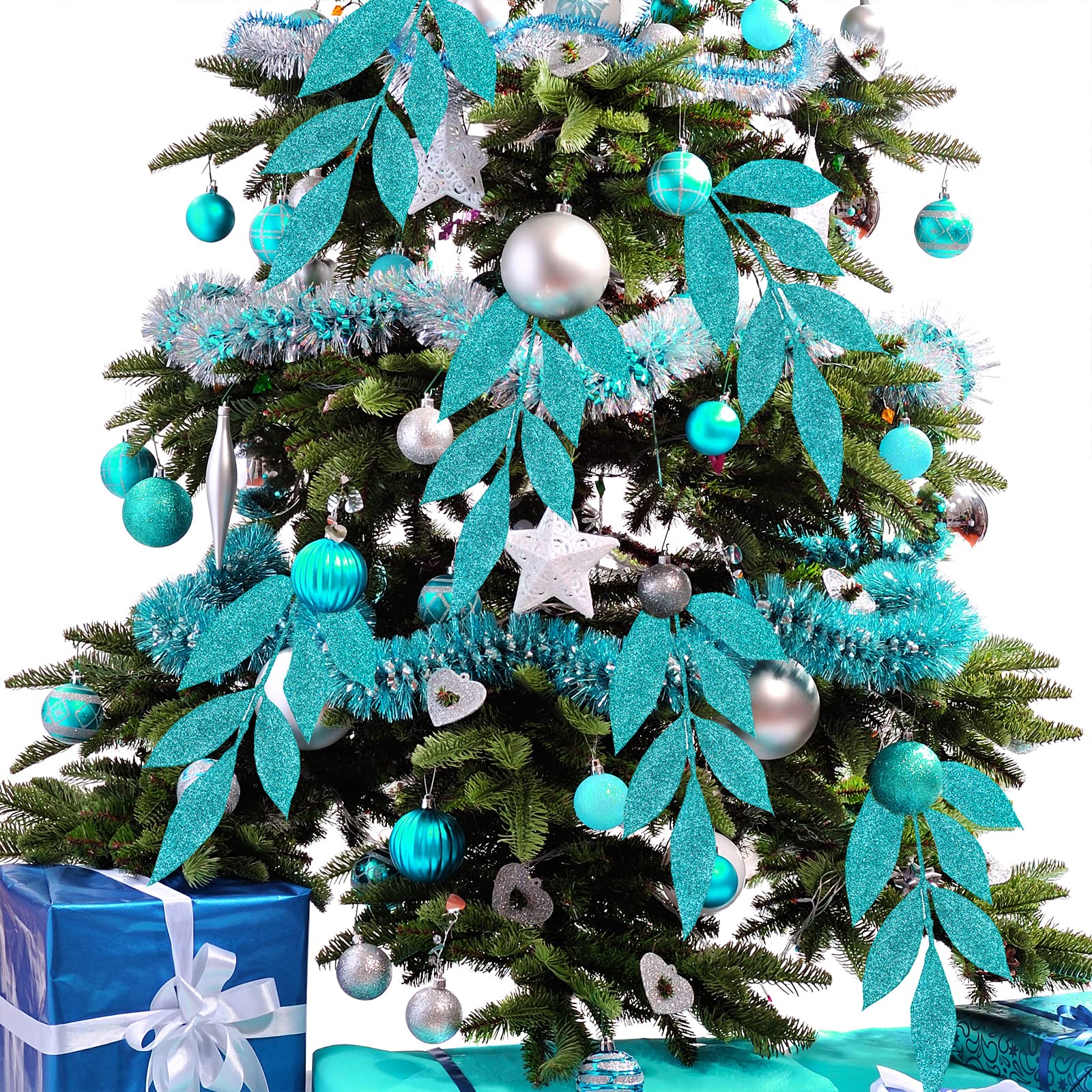 Winlyn 40 Pcs Teal Glitter Bay Leaf Sprays Artificial Christmas Tree Picks Sprays 12.7 Tall for Teal Christmas Tree Winter Wreat