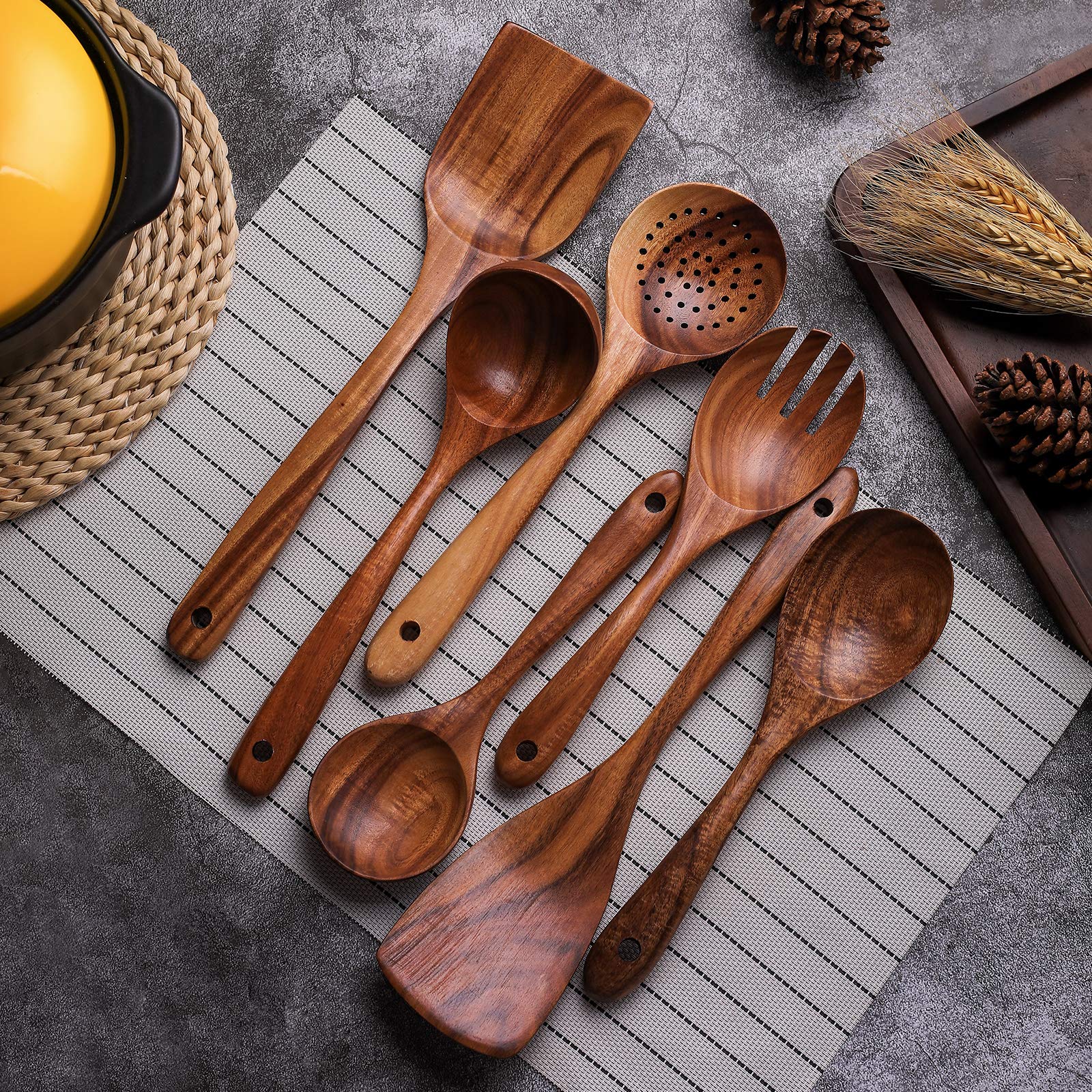 Wooden Non-Stick Kitchen Pan Toolset 7 Pieces Set,100% Natural Teak Kitchen Utensils Spatula, Wooden Cooking Utensils Spoons, Fr