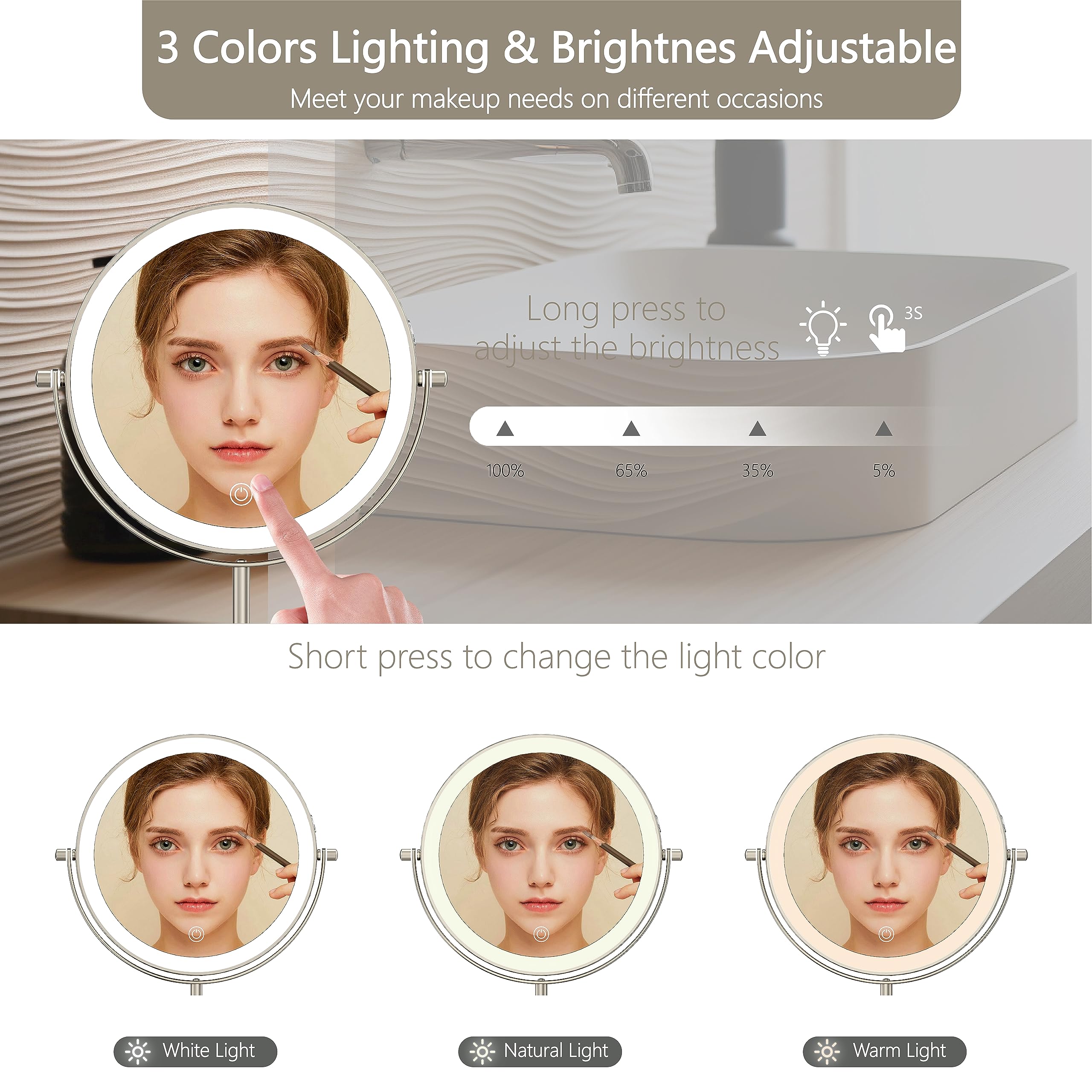Miroamz 8'' Lighted Makeup Mirror, 1X/10X Magnification Mirror With Light, Double Sided Dimmable Mirror, Rechargeable & Brightne