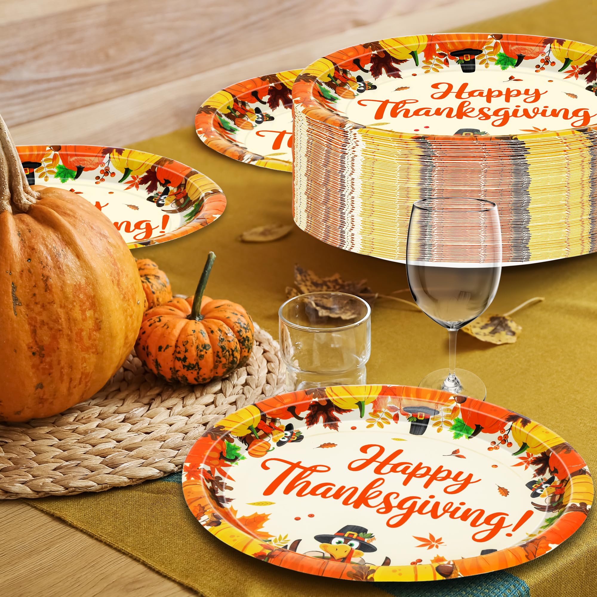 QZYL 50 Pcs Oval Thanksgiving Plates, 12.2 x 10.2 Inches Pumpkin Turkey Tableware Set, Disposable Plates Autumn Dinnerware, Fall