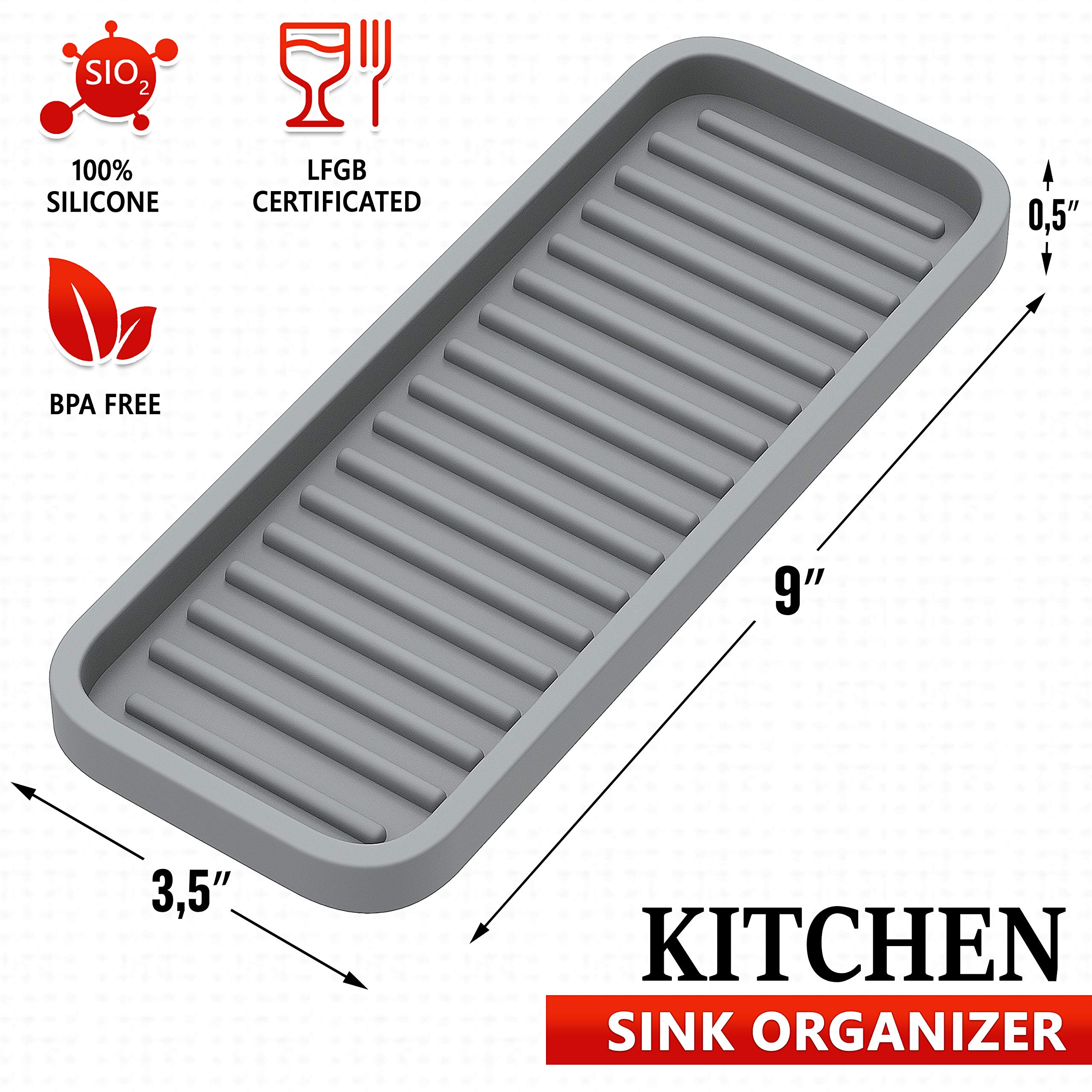 Zappoware Silicone Kitchen Sink Caddy Sponge Holder 9X3.5 (2-Pack) Gray - Bathroom Vanity Tray Organizer, Kitchen Soap Tray For