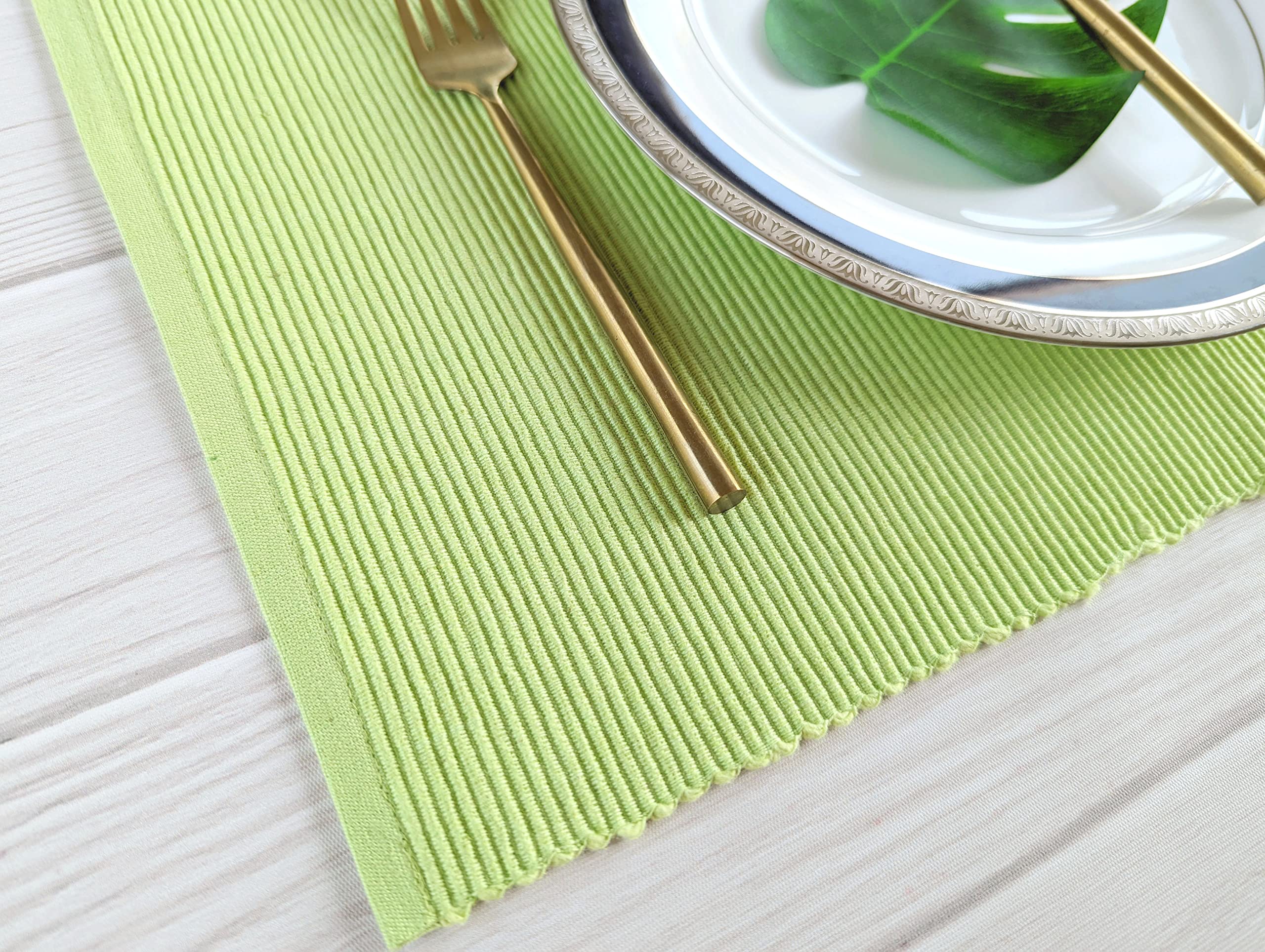 Avka Studio 100% Cotton Ribbed Placemats - Set Of 8-13 X 19 Inches - Light Lime Green - Everyday Cloth Table Mats - Thick Constr