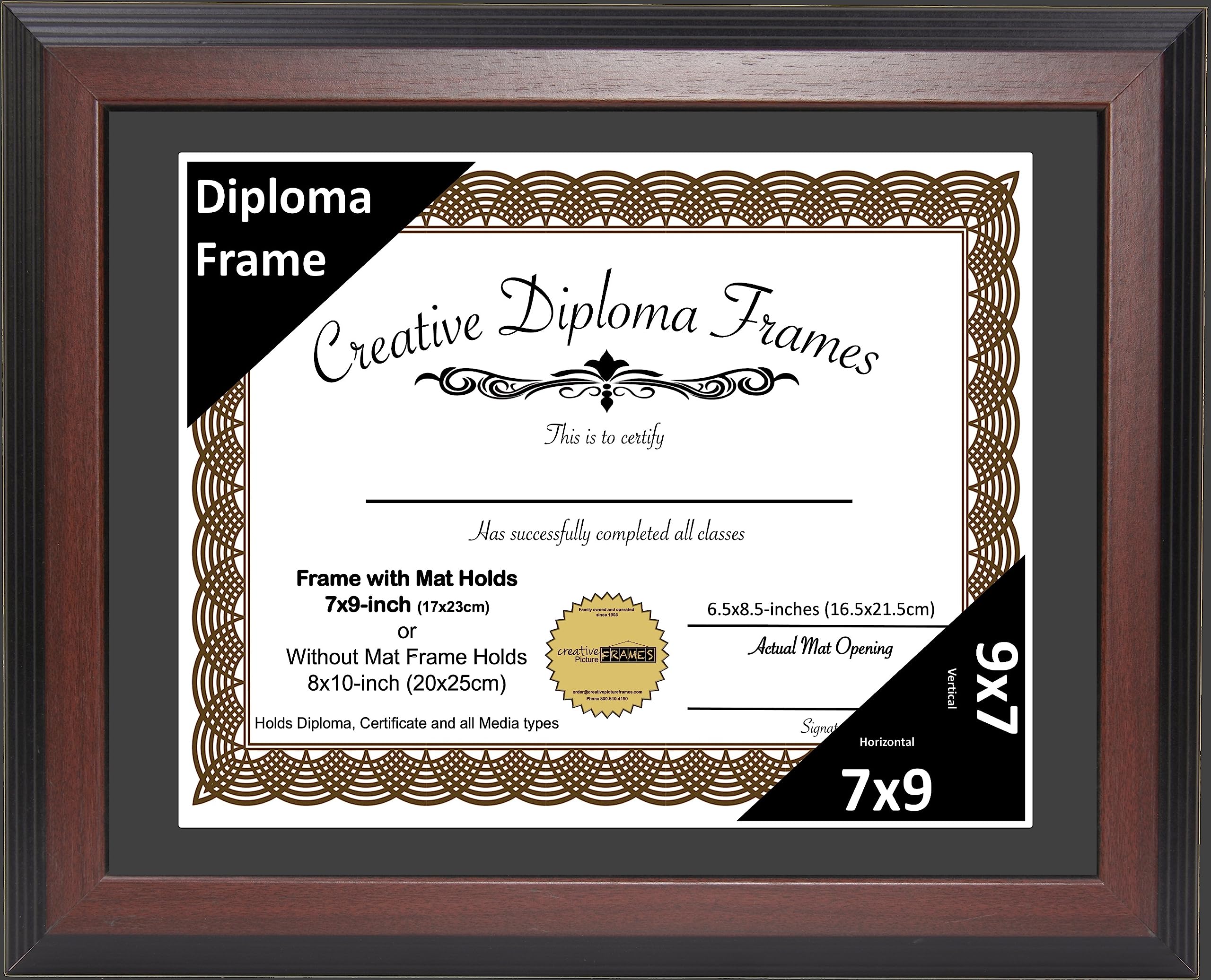 Creative Picture Frames 7x9 Mahogany Finish Diploma Frame with Black Matting Holds 7 by 9-inch Documents with Glass and installe