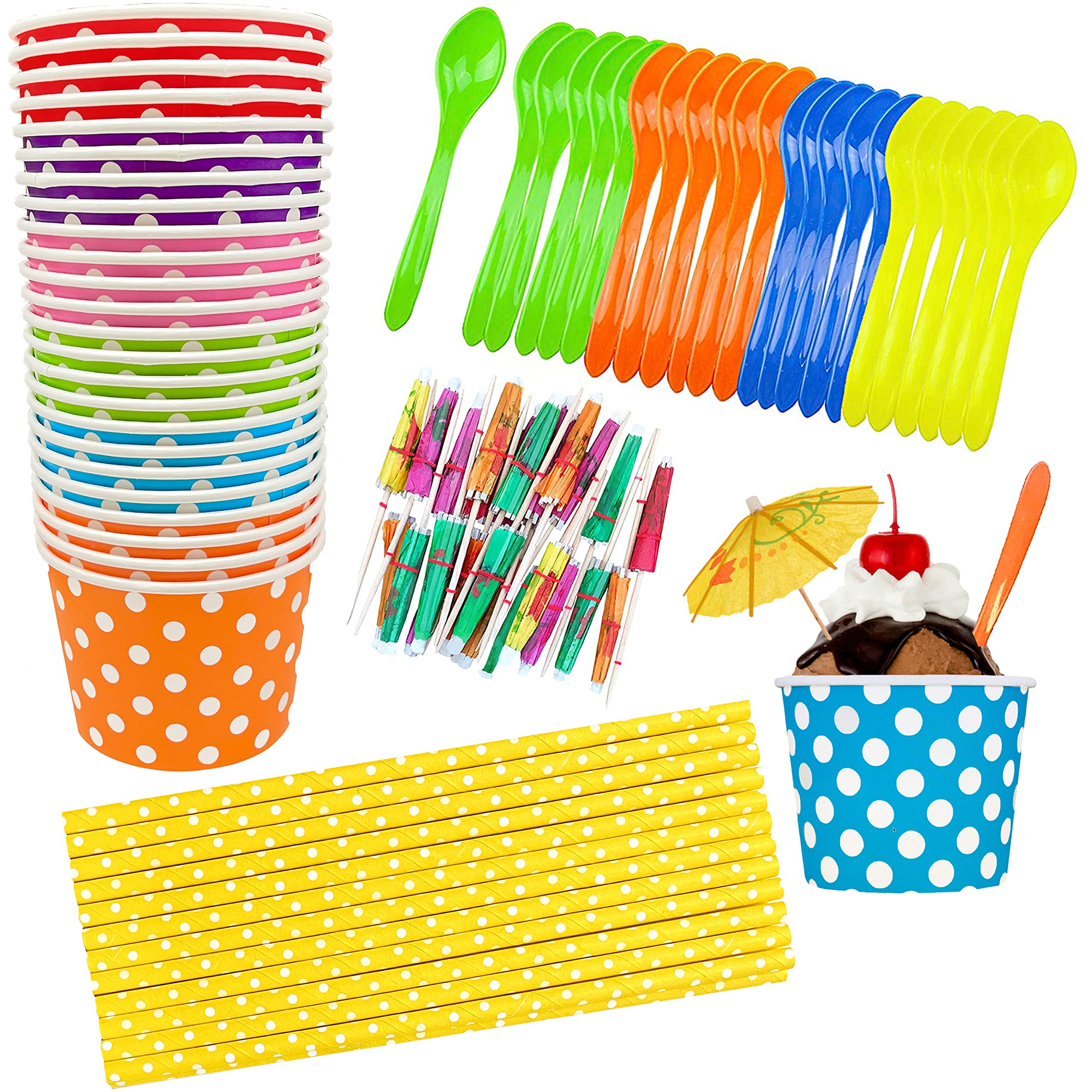 12 Ounce Disposable Paper Treat Cups Ice Cream Bowls -Plastic Spoons - Paper Straws - Ice Cream Sundae Kit for 24 - Blue, Pink, 