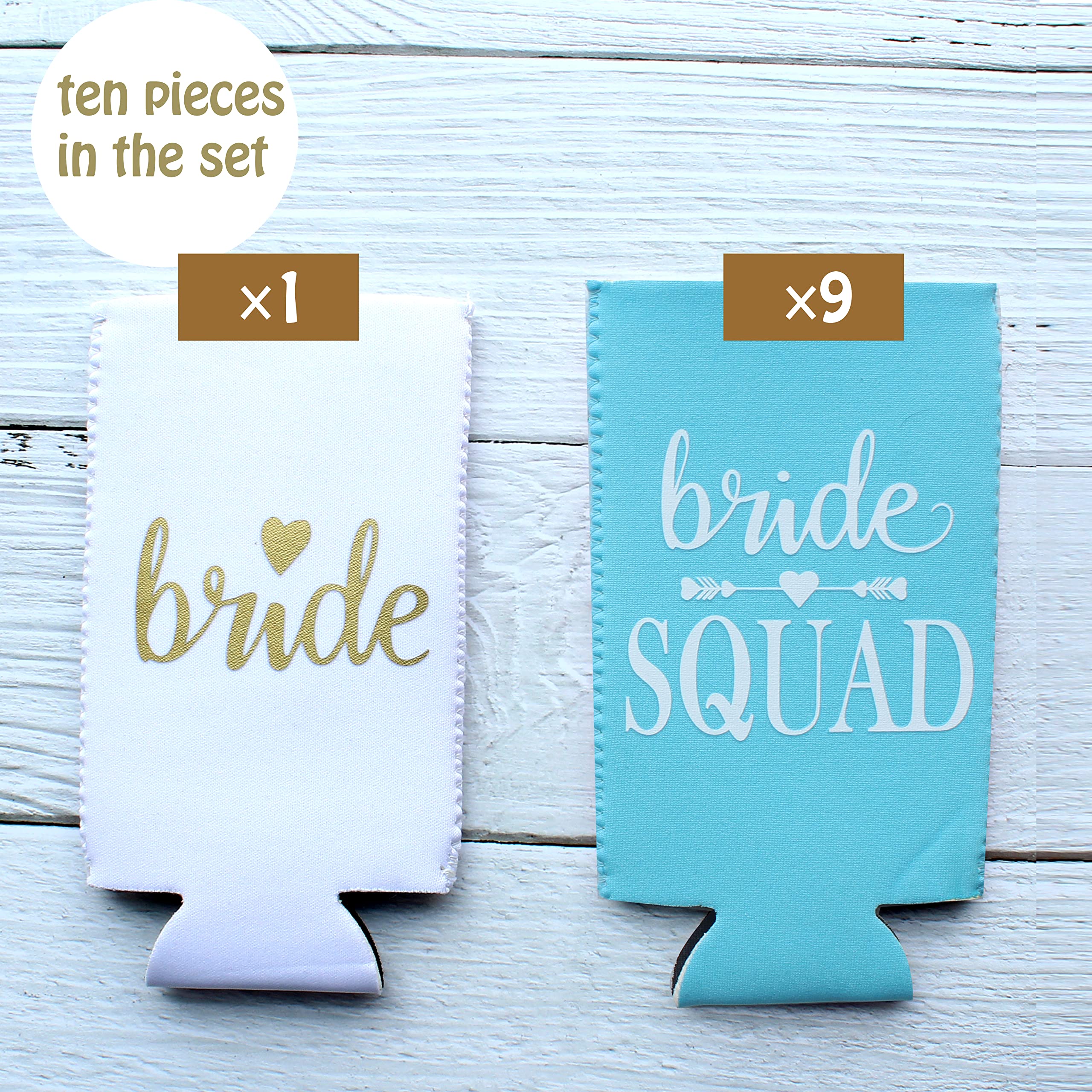 Partygifts&Beyond 10Packs Bachelorette Party Decorations Slim Can Cooler Bridesmaid Gifts Can Cooler Bride Squad Can Sleeves(Lak