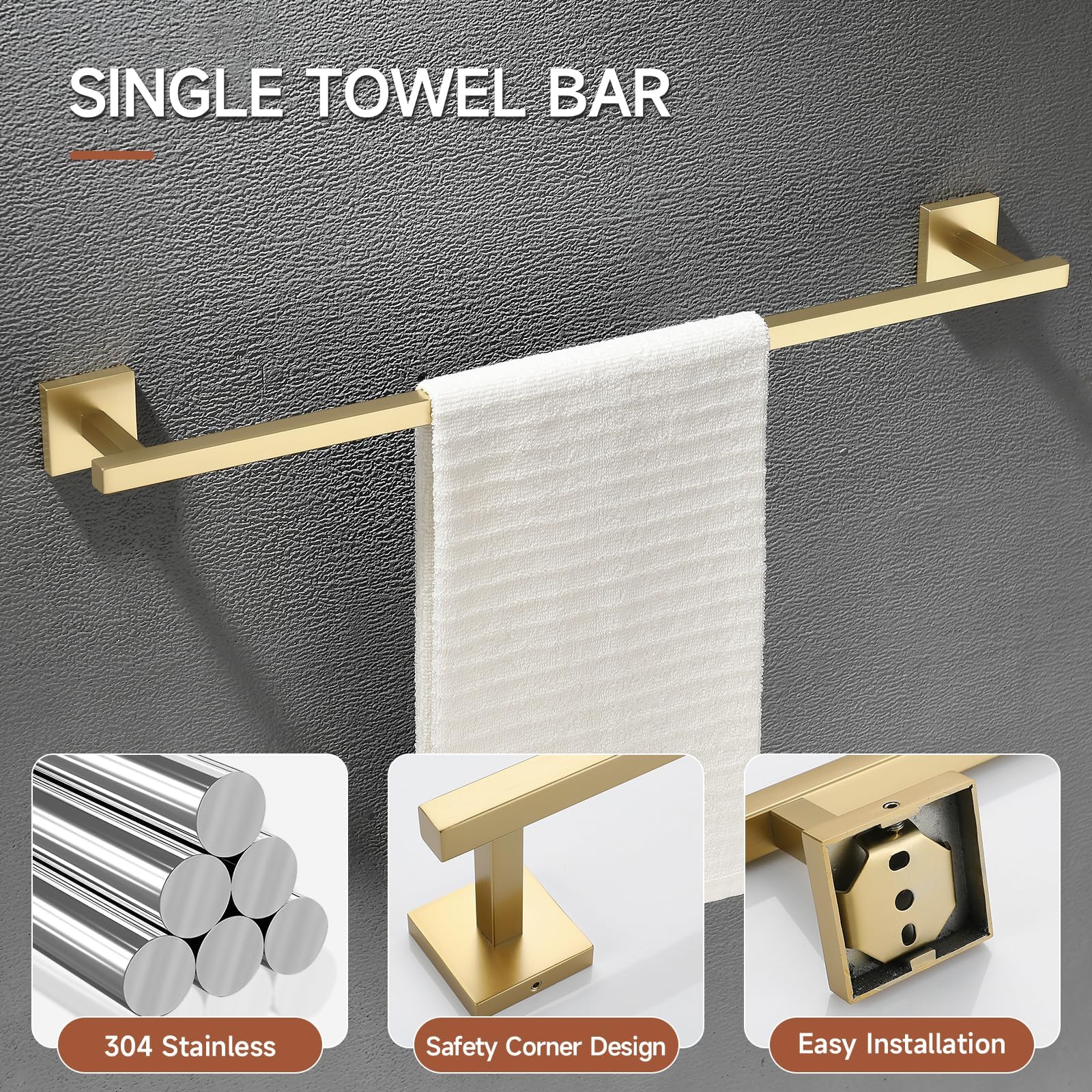 Tqkag 5-Piece Bathroom Accessories Set Brushed Gold Bathroom Hardware Set Sus304 Stainless Steel Classic Wall Mounted Towel Bar