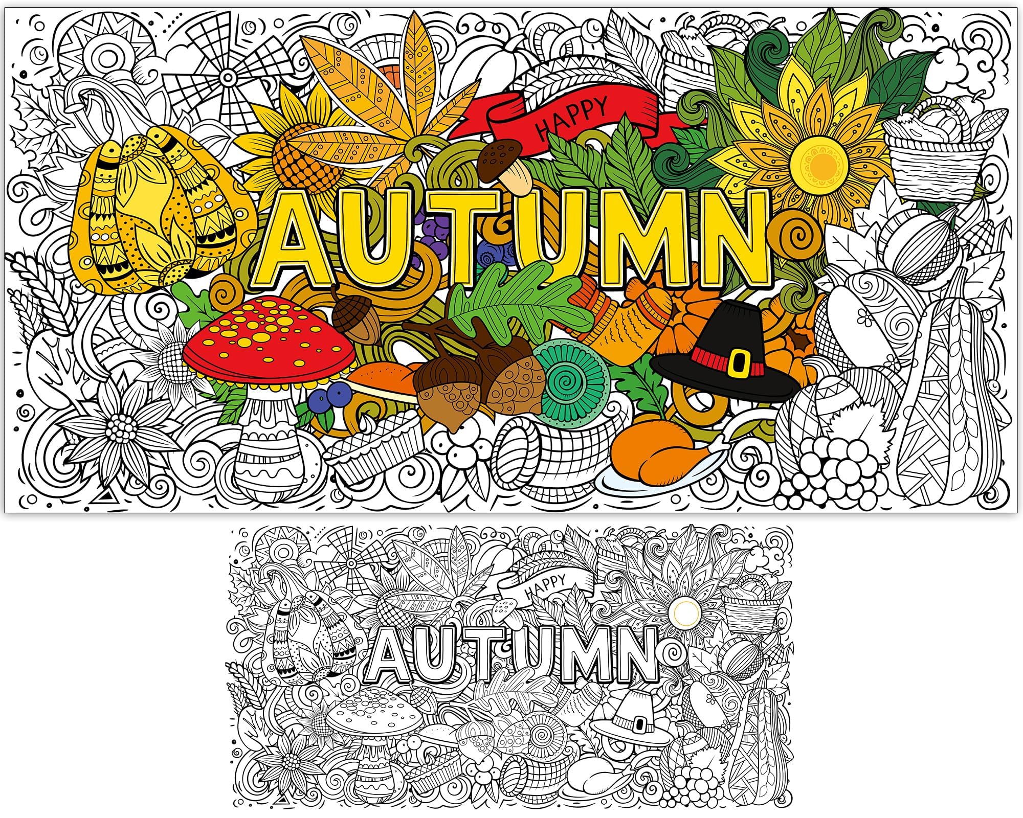ZOIIWA Fall Coloring Poster Mandala Autumn Giant Coloring Tablecloth Fall Jumbo Pumpkin Sunflower Leaves Coloring Pages for Kids