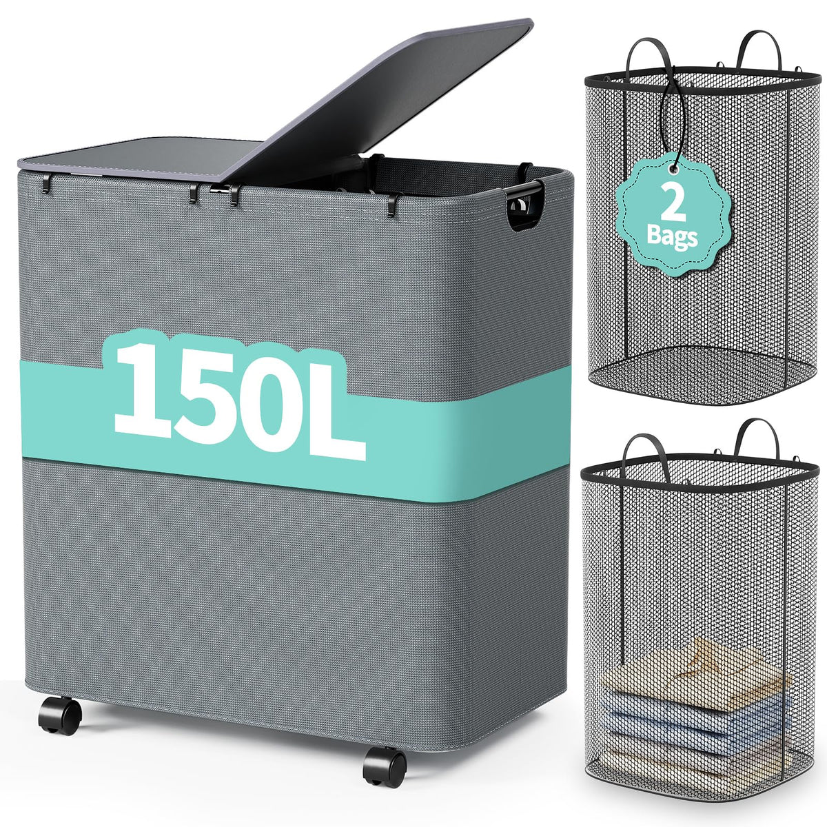 Yecaye 150L Laundry Hamper With Wheels, Rolling Laundry Basket With Lid And 2 Removable Laundry Bag, Large Capacity Clothes Hamp