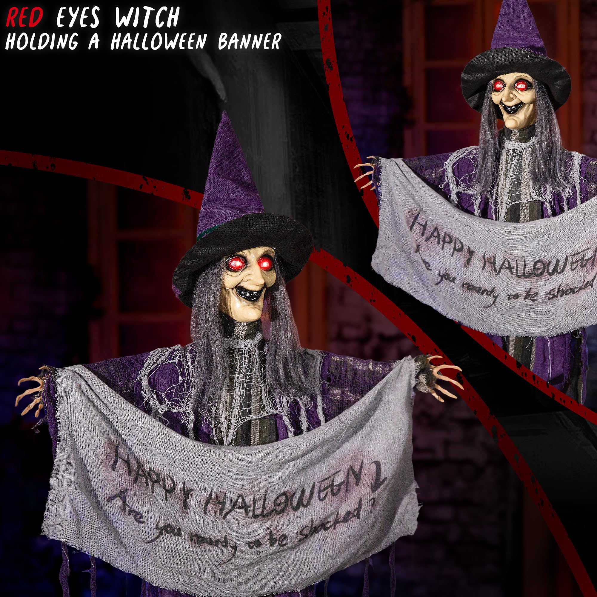 Halloween Animatronics 5ft Hanging Witch, 60inch Floating Animated Witch Decorations with Banner, Sound Activated, Creepy Voice,