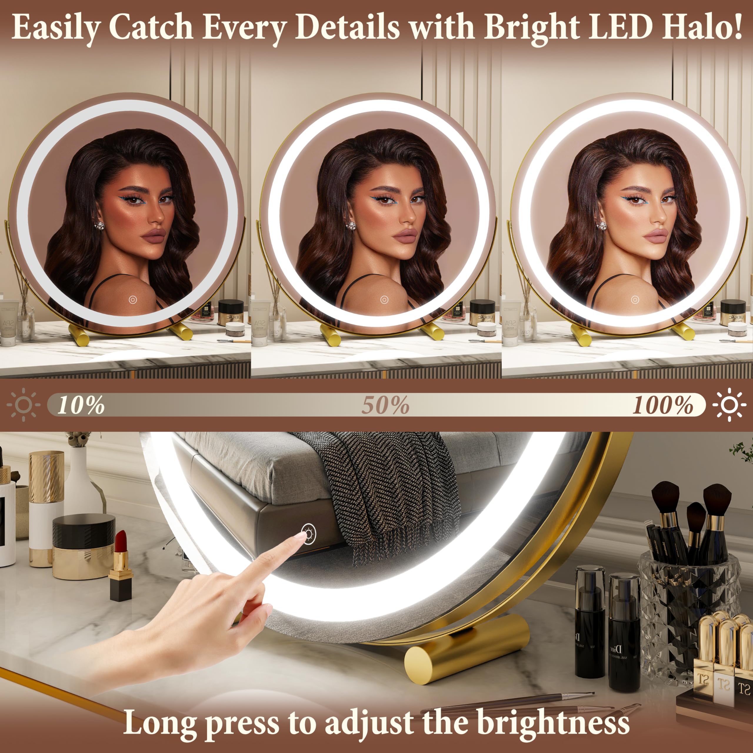 Fennio Vanity Mirror With Lights, 13 Inch Cob Led Lighted Makeup Mirror, Round Makeup Mirror With Lights With 3-Color Lighting,
