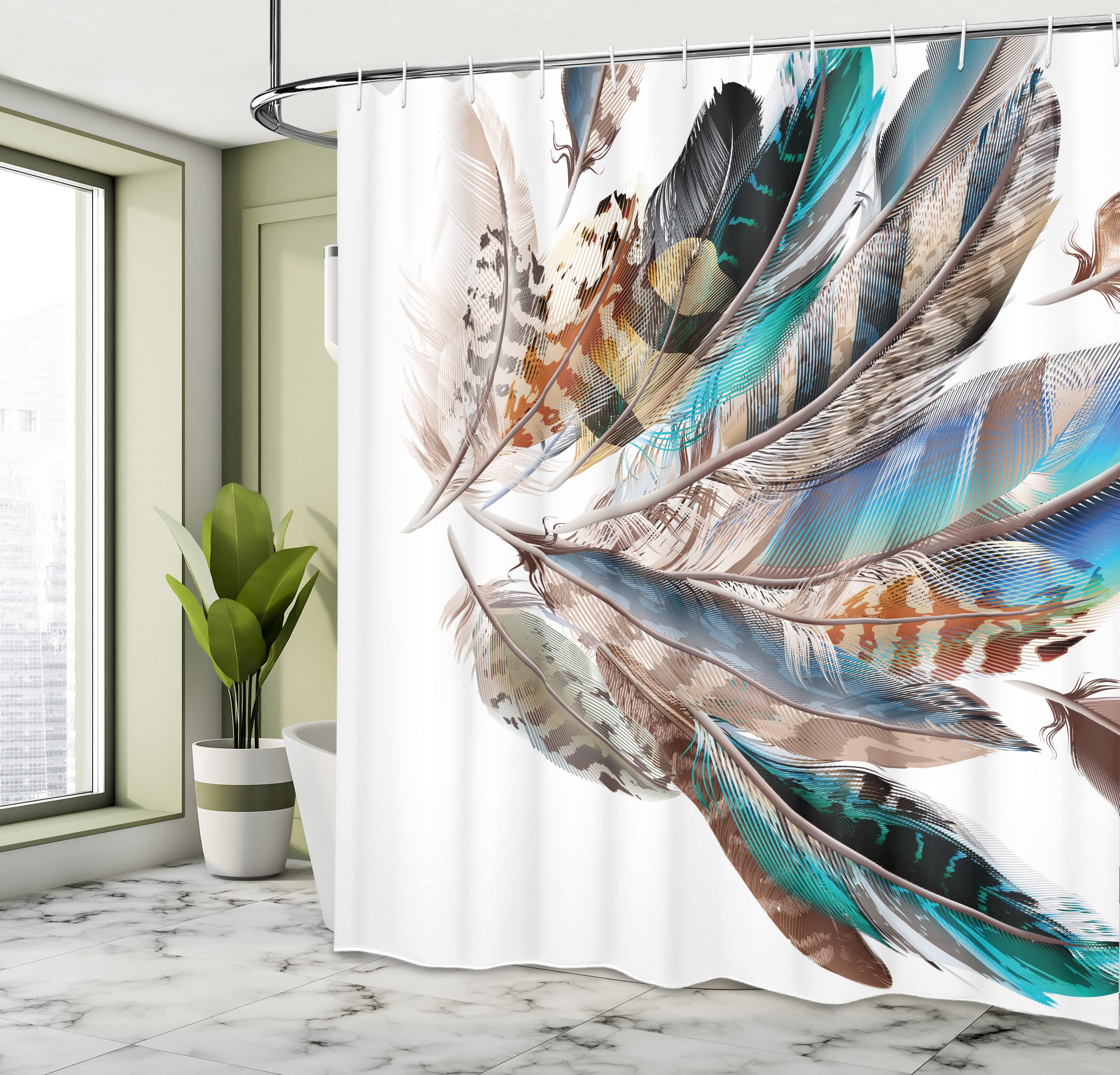 Ambesonne Feathers Shower Curtain Vaned Types And Natal Contour Flight Bird Feathers And Animal Skin Print Cloth Fabric For Bath