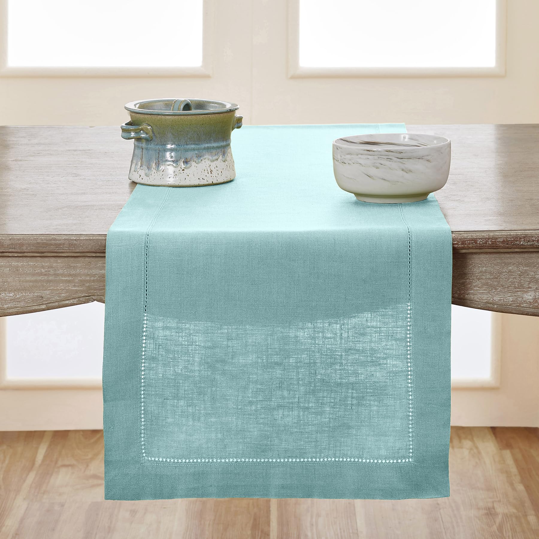 Solino Home Linen Aqua Blue Table Runner 72 Inches Long - 100% Pure Linen Classic Hemstitch Dining Table Runner 14 X 72 Inch Ide