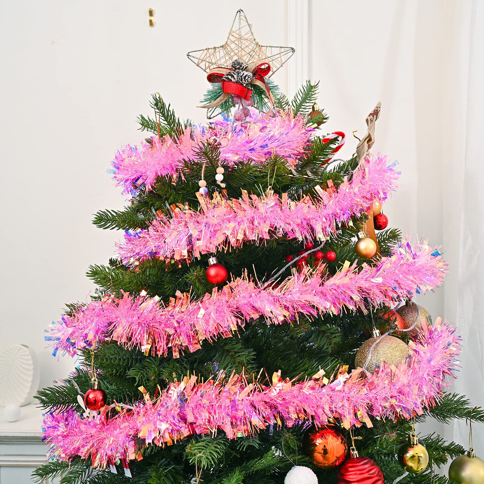 JXITON 20ft/6m Pink Christmas Tinsel Garland Iridescent Metallic Twisted Hanging Garland with Star for Chistmas Tree Fireplace H