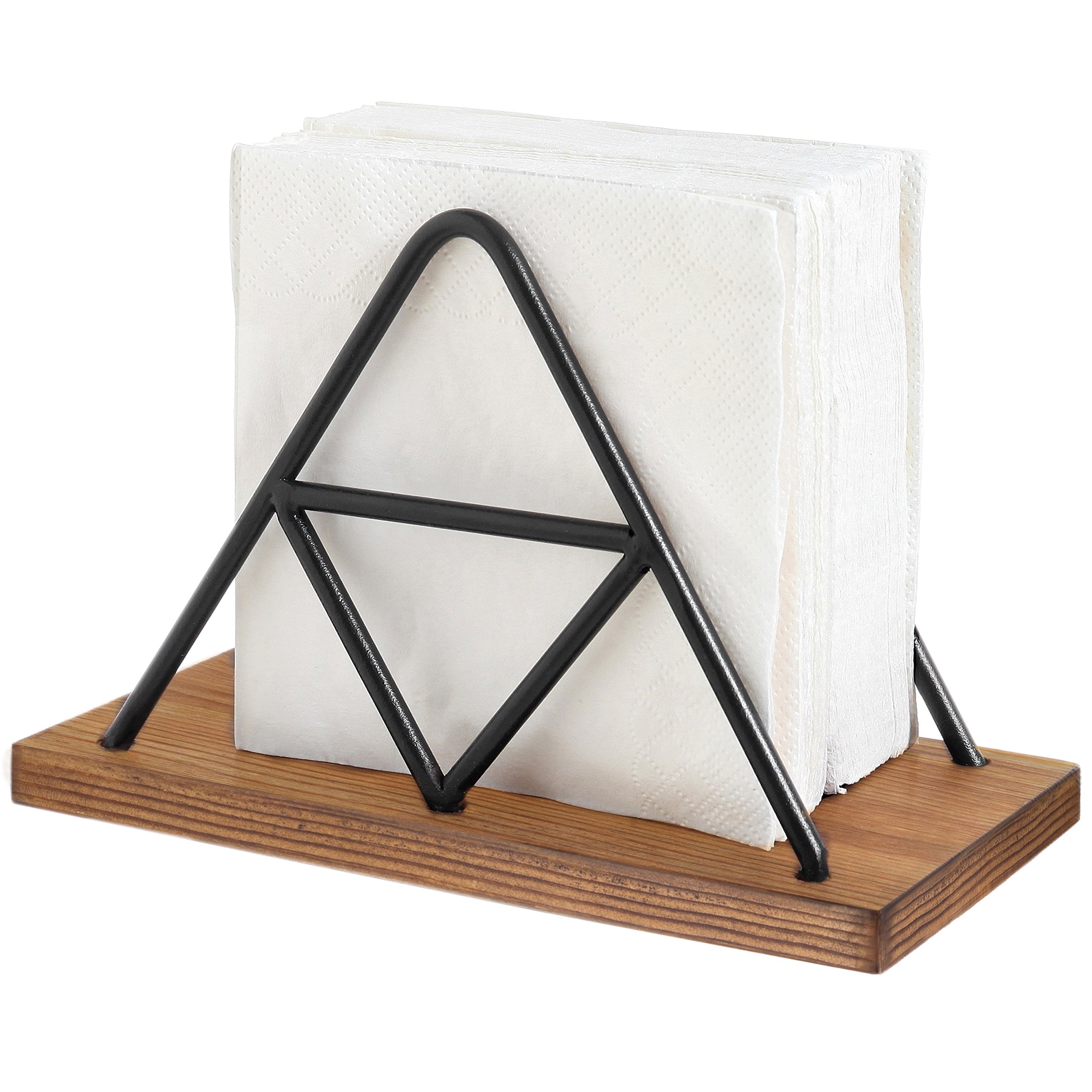 Mygift Matte Black Metal Wire Triangle Napkin Holder With Rustic Burnt Solid Wood Base, Tabletop Geometric Serviette Dispenser R