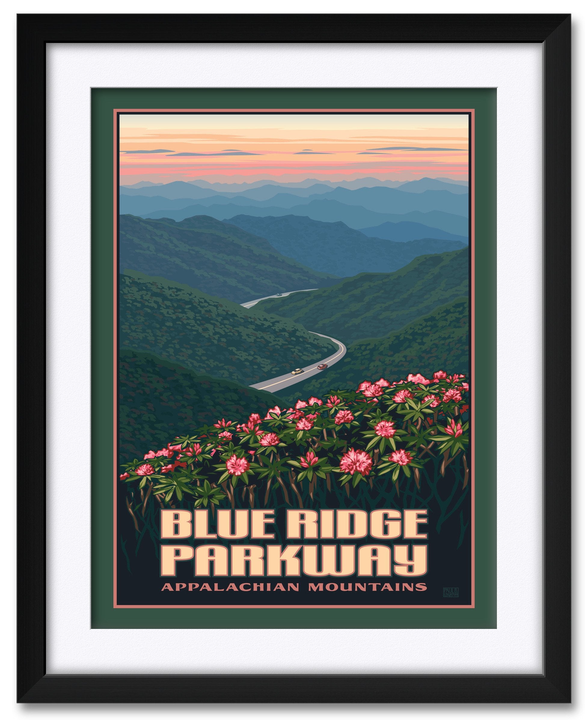 Blue Ridge Parkway Appalachian Mountains Professionally Framed & Matted Art Print From Travel Artwork By Artist Paul Leighton Fr